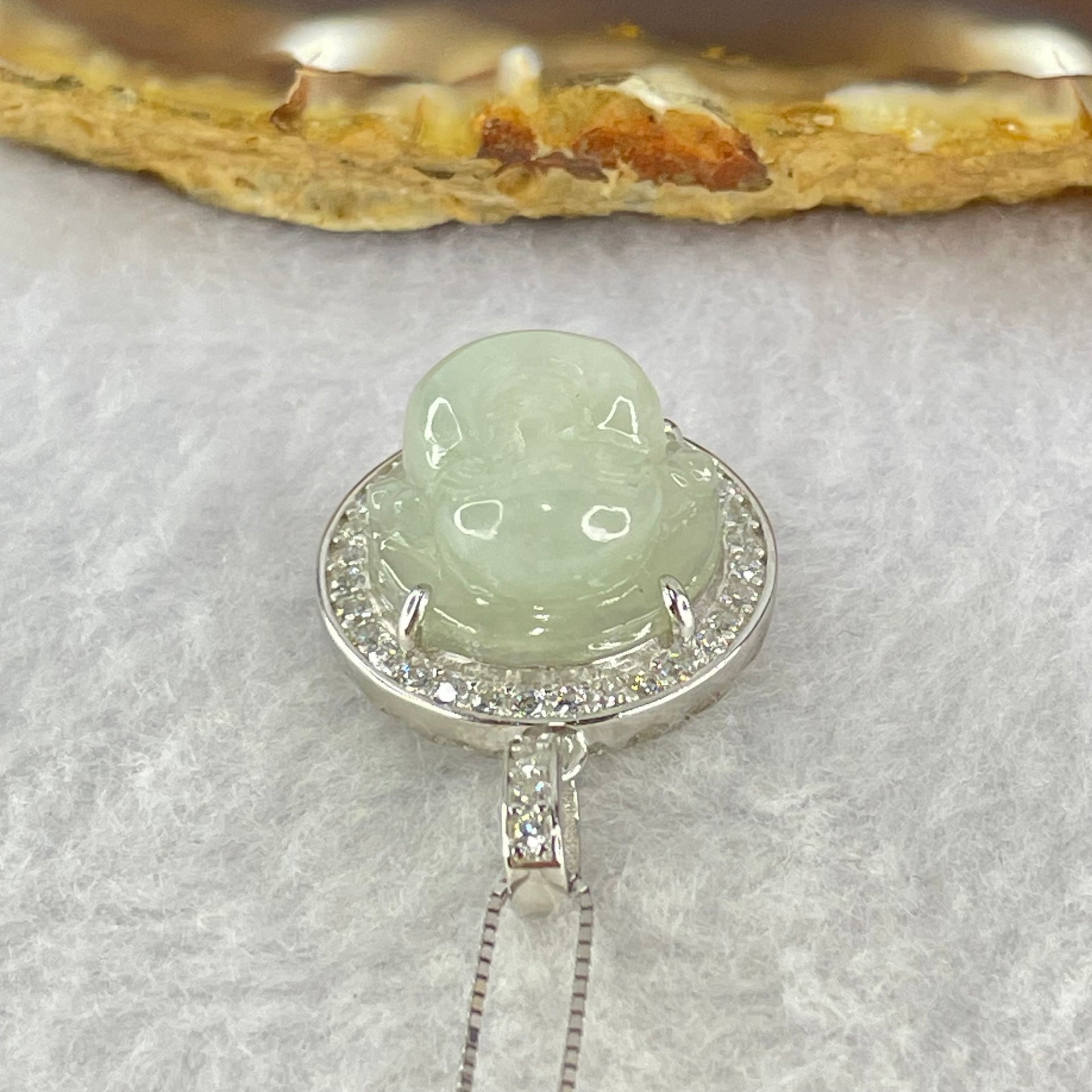 Type A Faint Green Lavender Milo Buddha with Crystals in S925 Sliver Pendant and Necklace 6.12g 14.7 by 14.7 by 7.5mm - Huangs Jadeite and Jewelry Pte Ltd