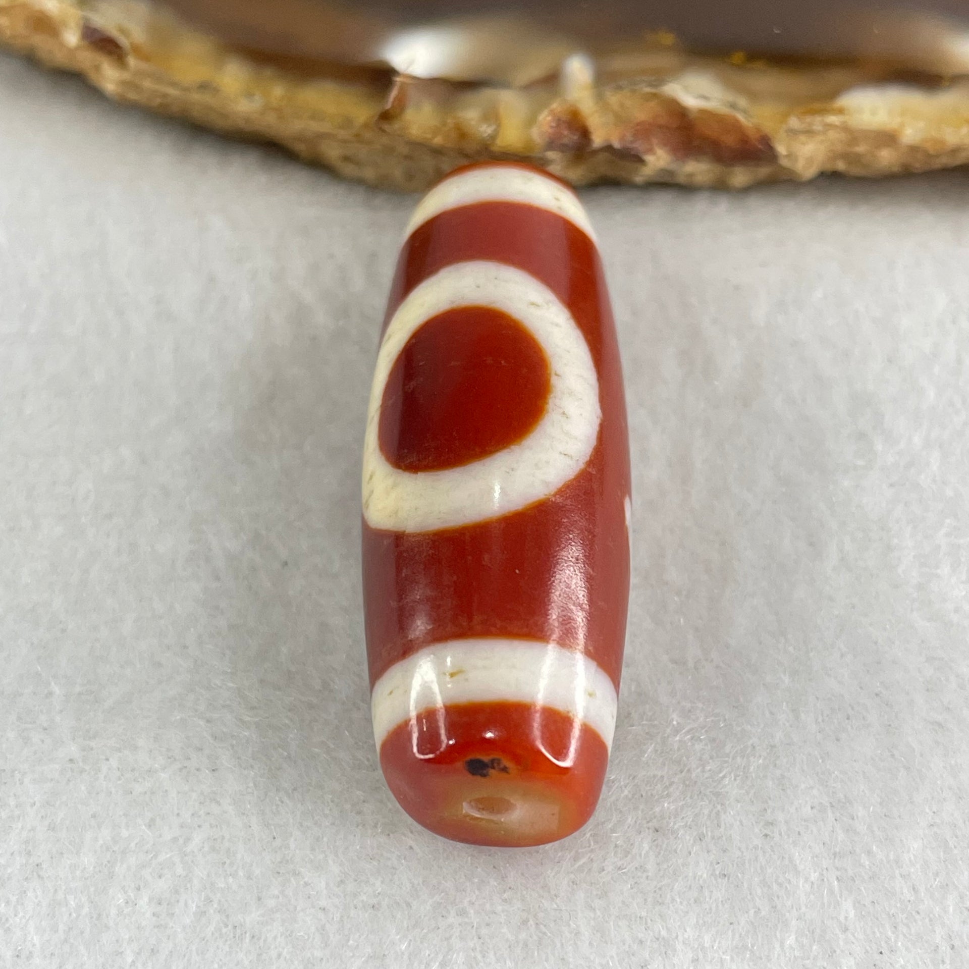 Natural Powerful Tibetan Old Oily Red White Agate One Eye Gold Metal Element Dzi Bead Heavenly Master (Tian Zhu) 一眼金天珠 11.08g 37.6 by 13.6mm - Huangs Jadeite and Jewelry Pte Ltd