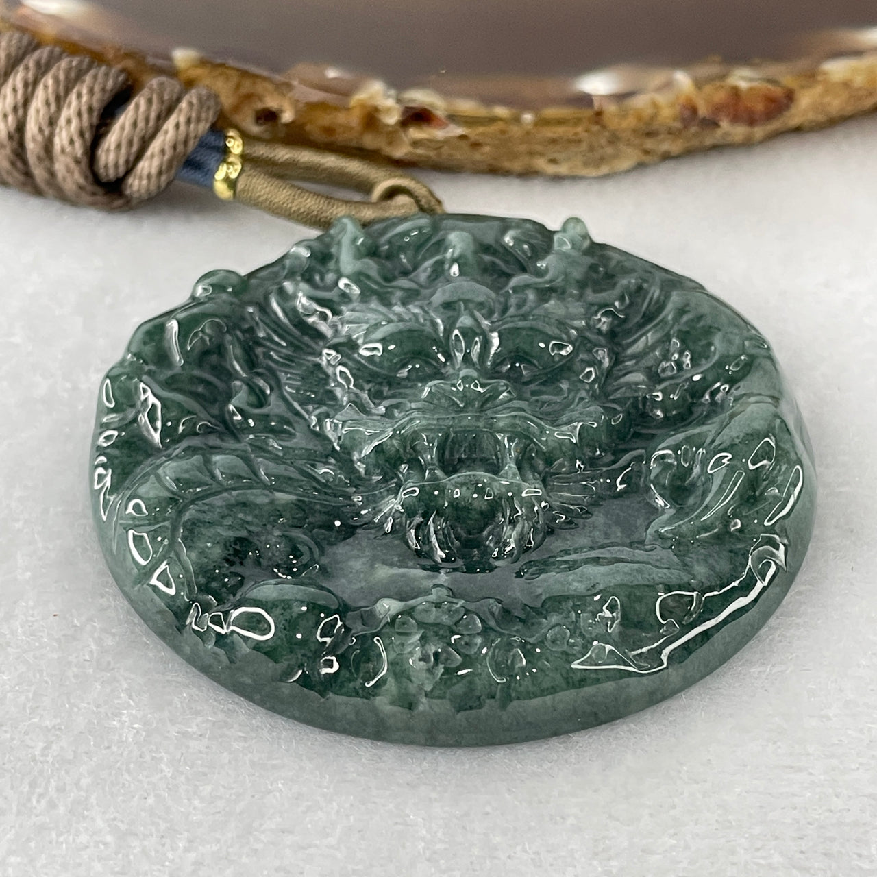 Certified Natural Type A Blueish-Green Jadeite Dragon Head Pendant | Masterpiece Three-Dimensional Hand-Carving | Monumental Myanmar Feicui "Long Tou" Sovereign Power & Asset Protection Monolith (60.16g | 61.7x8.9mm Medallion Profile)