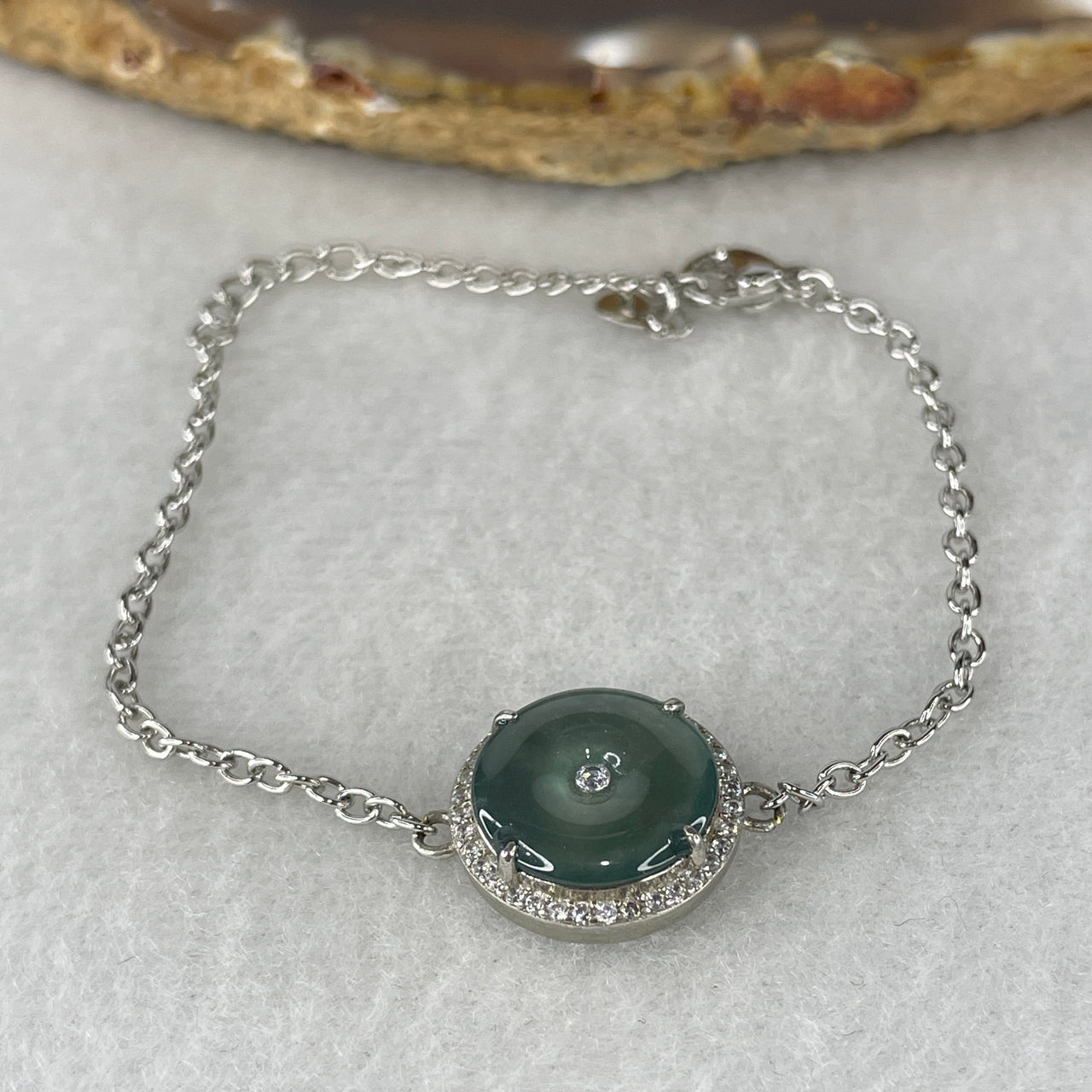 Natural Type A Icy Blueish Green Jadeite Ping An Kou Bracelet | S925 Sterling Silver Adjustable 13-15cm Petite Safe Journey Donut Fine Charm (3.36g 12.5x2.0mm)
