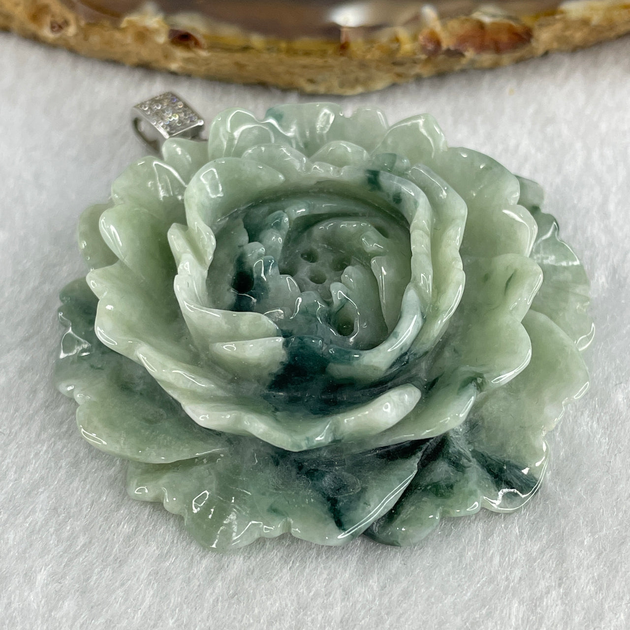 Natural Type A Light Green with Blueish Green piao Hua Flora Jadeite Prosperity Flower Pendant in S925 Silver Clasp with Cubic Zirconia 44.09g 51.7 by 53.3 by 13.5mm