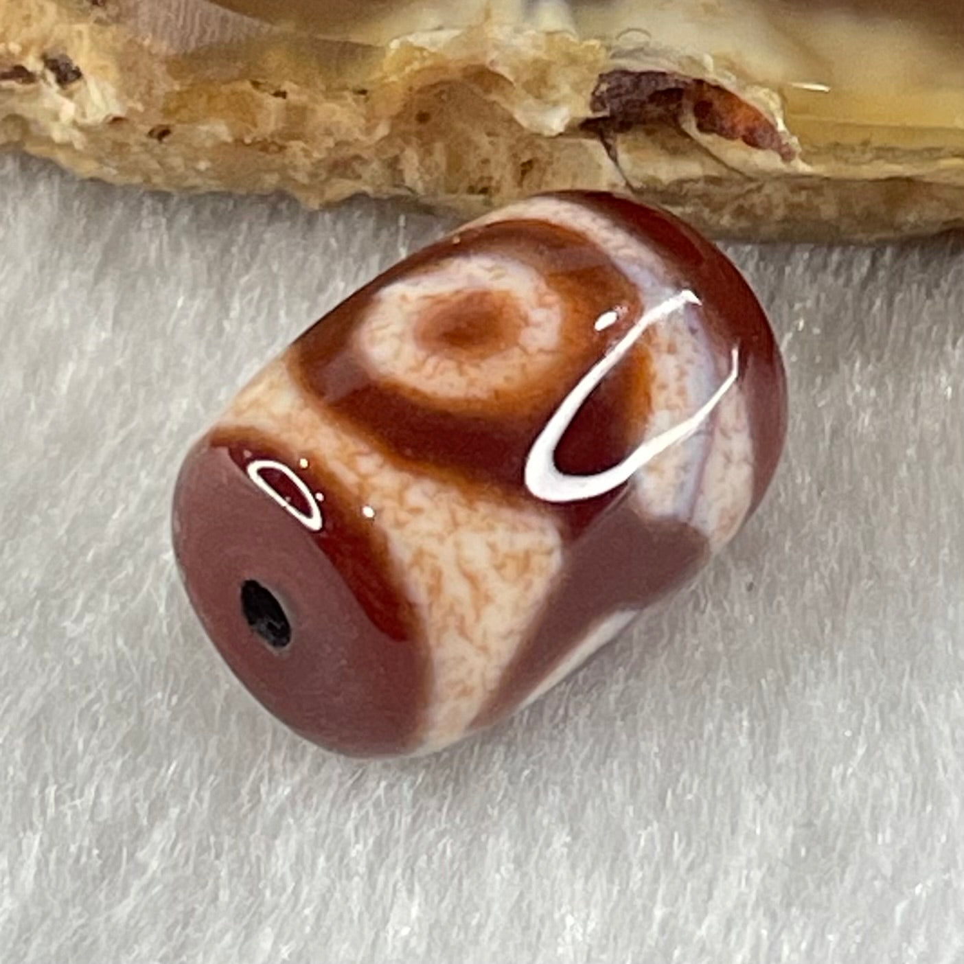 Natural Powerful Tibetan Old Oily Agate 3 Eyes Dzi Bead Heavenly Master (Tian Zhu) 三眼天诛 2.31g 13.7 by 10.0mm - Huangs Jadeite and Jewelry Pte Ltd
