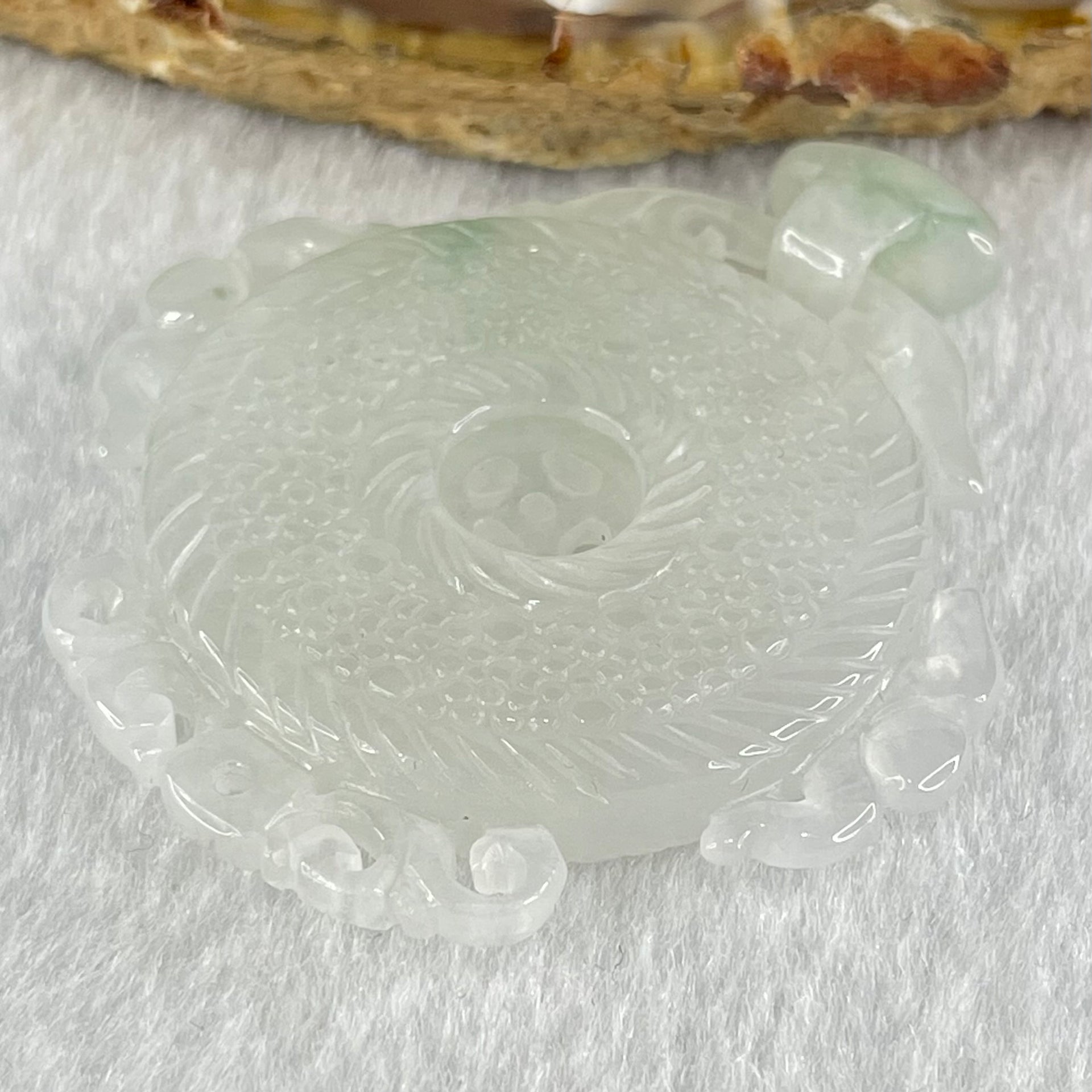 Type A Semi Icy White Jadeite Floral Ping An Kou Donut Pendant 19.53g 45.6 by 44.1 by 6.6mm - Huangs Jadeite and Jewelry Pte Ltd