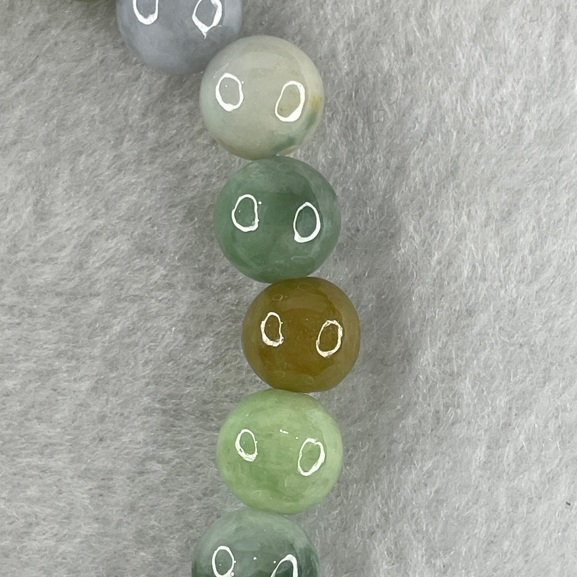 Natural Type A Multi Tone Green with Yellow and Lavender Jadeite Round Shape Beads Bracelet 31.76g 16cm 9.9mm 21 Beads - Huangs Jadeite and Jewelry Pte Ltd