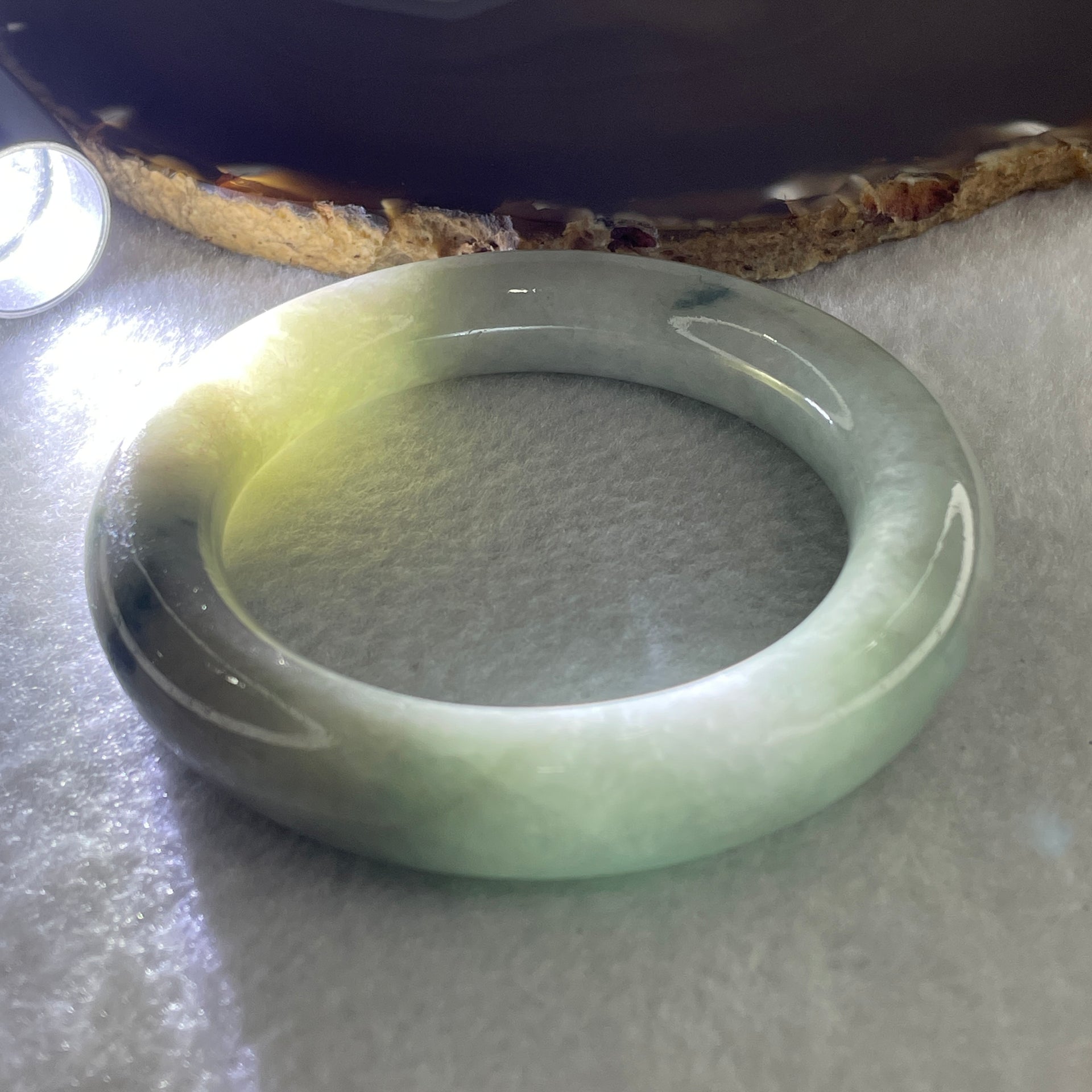 Natural Type A Green with Dark Green Spot Jadeite Bangle 88.51g Internal Diameter 56.4mm 12.8 by 13.3mm (Very Very Slight Internal Lines) - Huangs Jadeite and Jewelry Pte Ltd