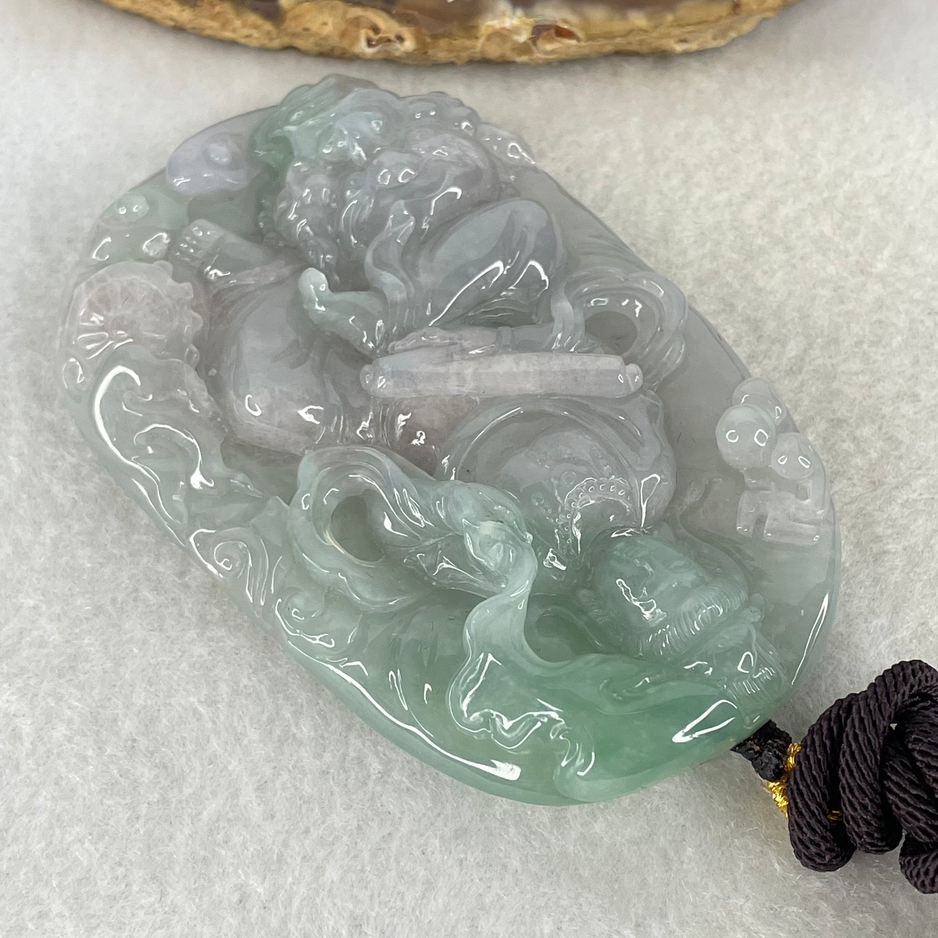 Grand Master Type A Jelly Lavender and Green Piao Hua Jadeite Manjusri Bodhisattva Pendant 90.51g 77 by 50 by 12.8mm - Huangs Jadeite and Jewelry Pte Ltd