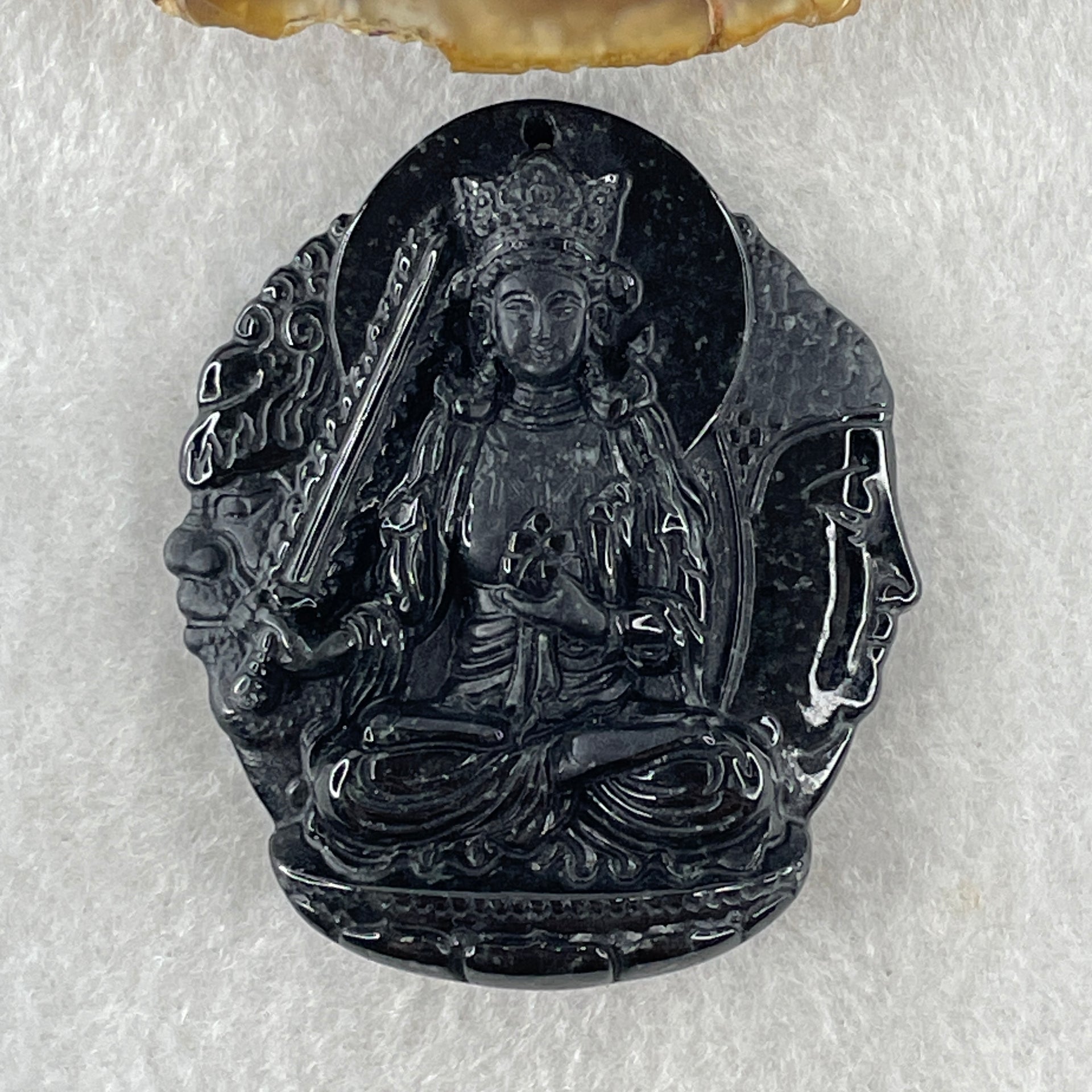 Type A Opaque Black Omphacite Jadeite Good Vs Evil Akasagarbha Bodhissattva Pendant Ox and Tiger Zodiac Guardian 45.77g 50.8 by 43.8 by 13.1mm - Huangs Jadeite and Jewelry Pte Ltd