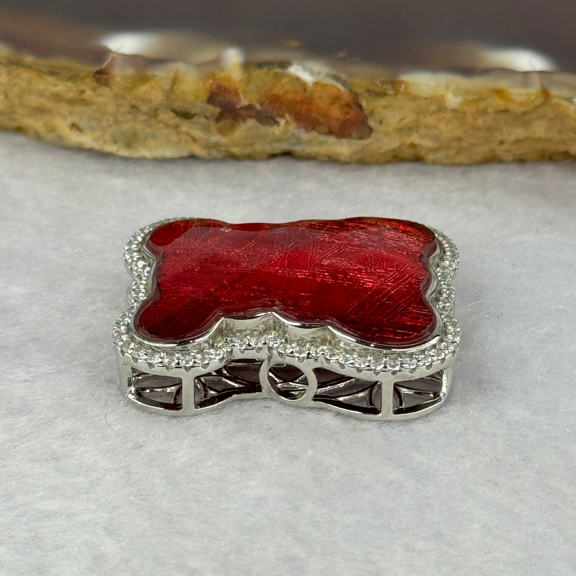 Natural Meteorite Bear Charm in S925 Silver with Crystals For Necklace / Bracelet (Red Color) 7.54g 26.3 by 21.3 by 8.5mm - Huangs Jadeite and Jewelry Pte Ltd