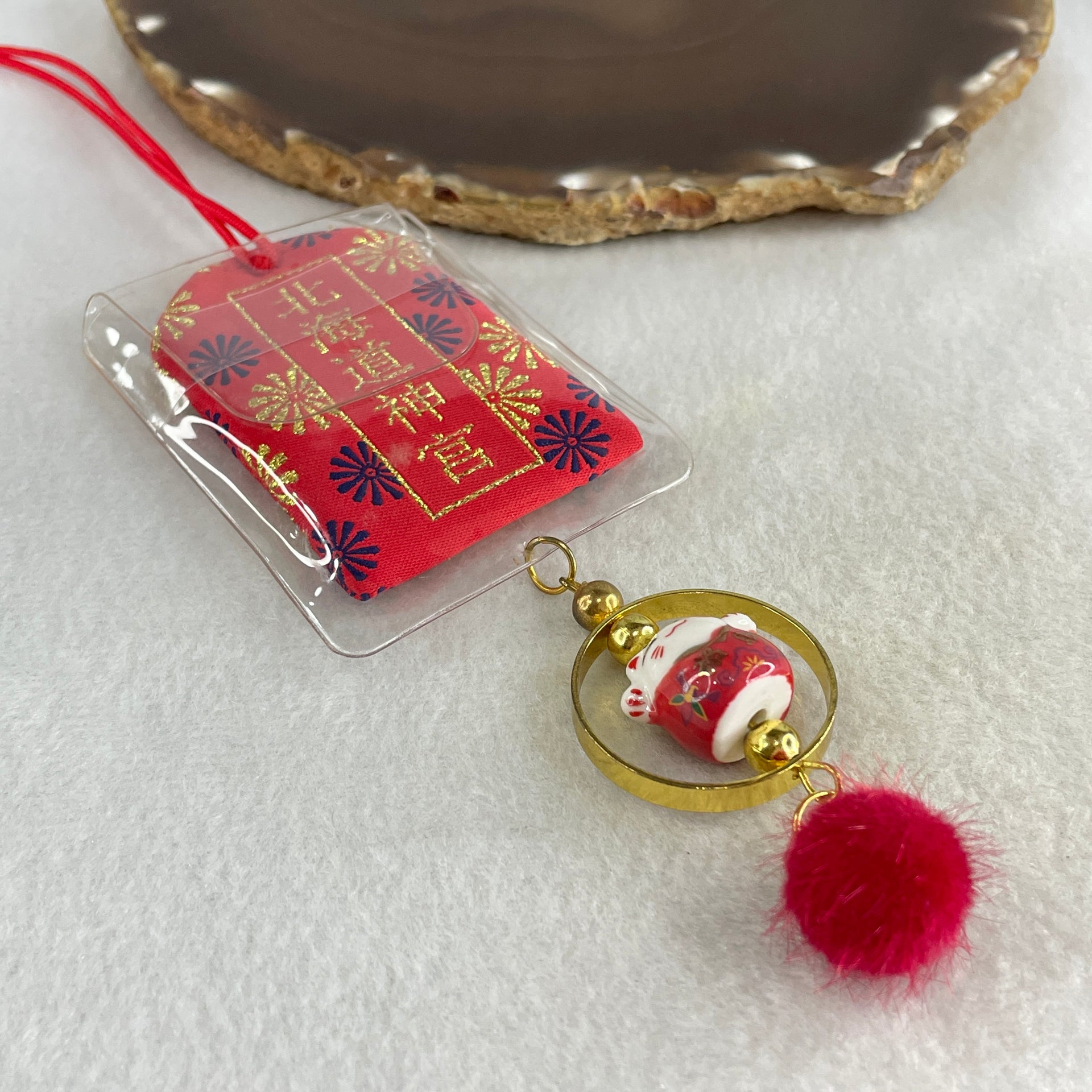 Porcelain Red Fortune Cat Health Care Charm 13.31g 15.1 by 17.5 by 14.1mm - Huangs Jadeite and Jewelry Pte Ltd