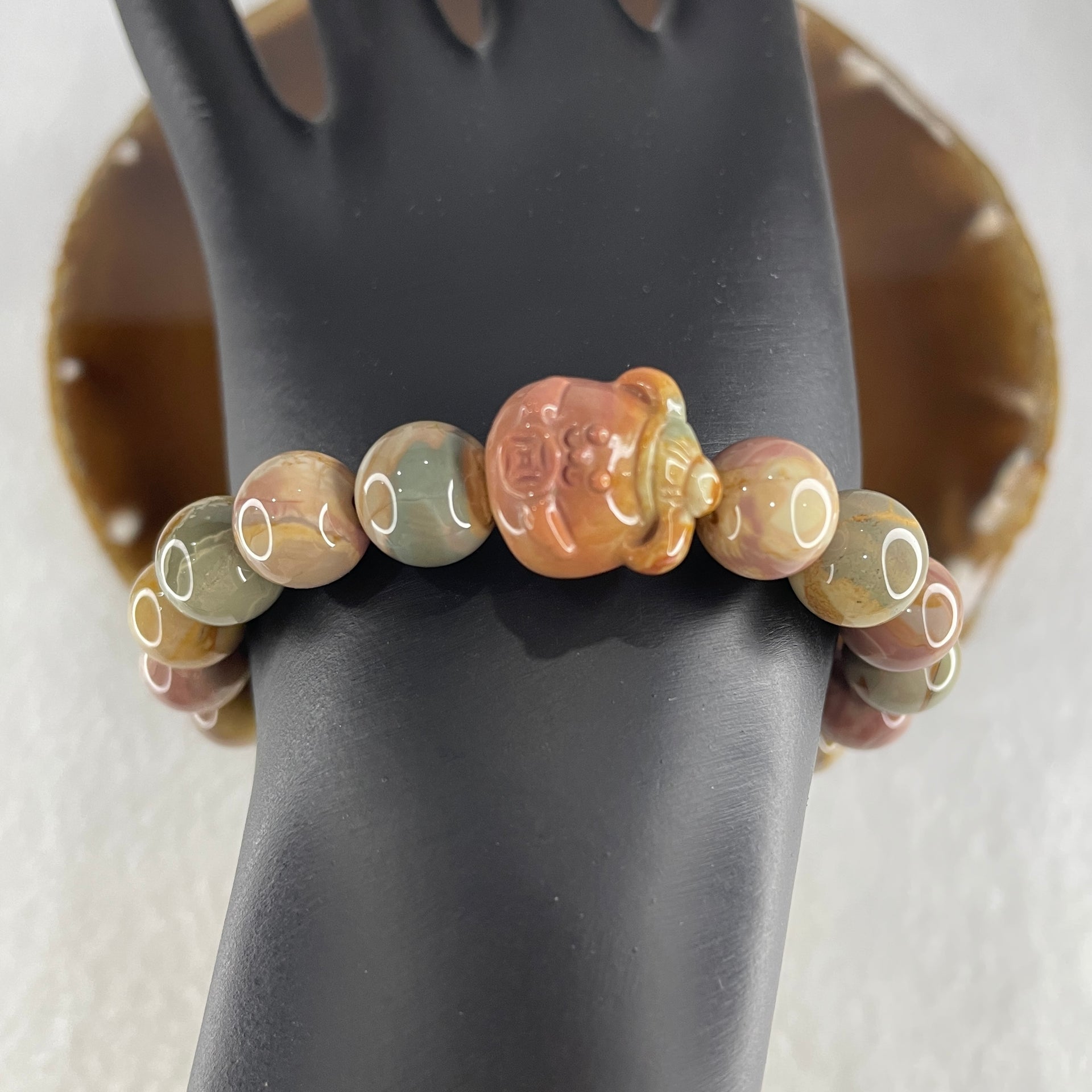 Natural Alashan Agate Pastels Pink Beads with Pig Charm Bracelet 29.54g 16cm 10.2mm 18 Beads - Huangs Jadeite and Jewelry Pte Ltd