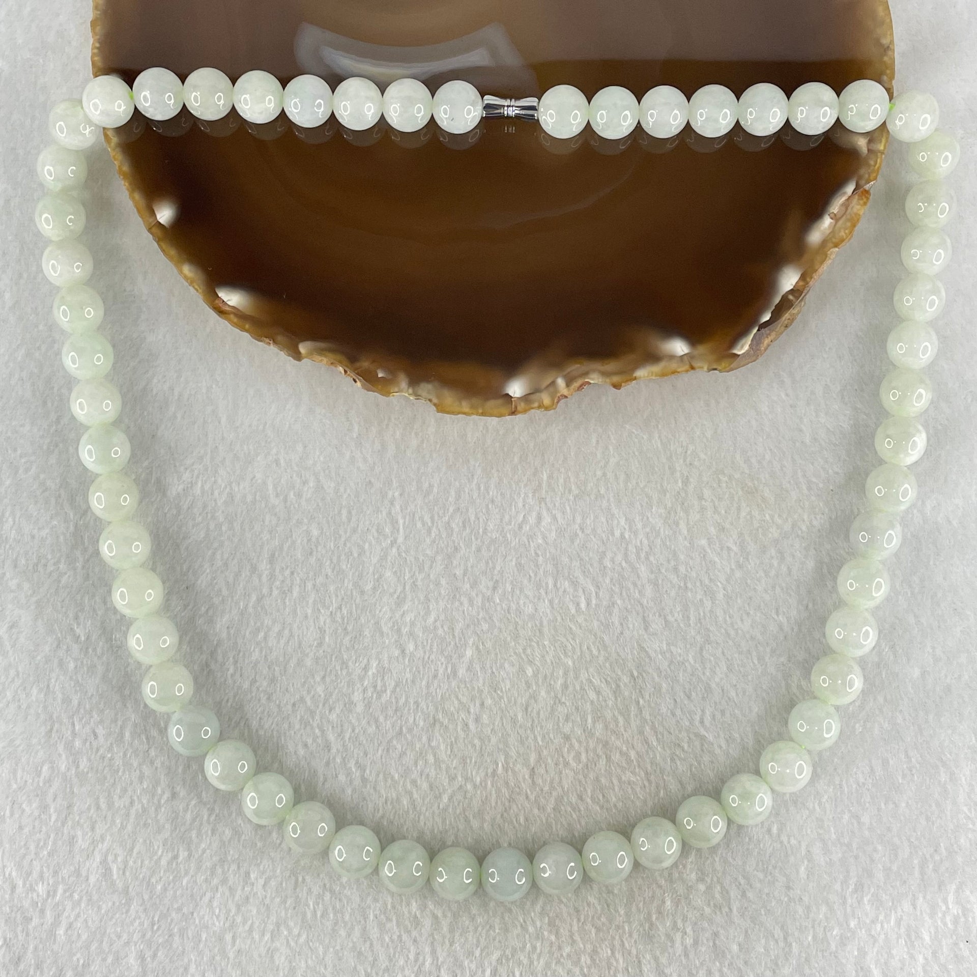 Type A Light Green Jadeite Beads Necklace 92.24g 54cm 9.9mm 56 Beads - Huangs Jadeite and Jewelry Pte Ltd