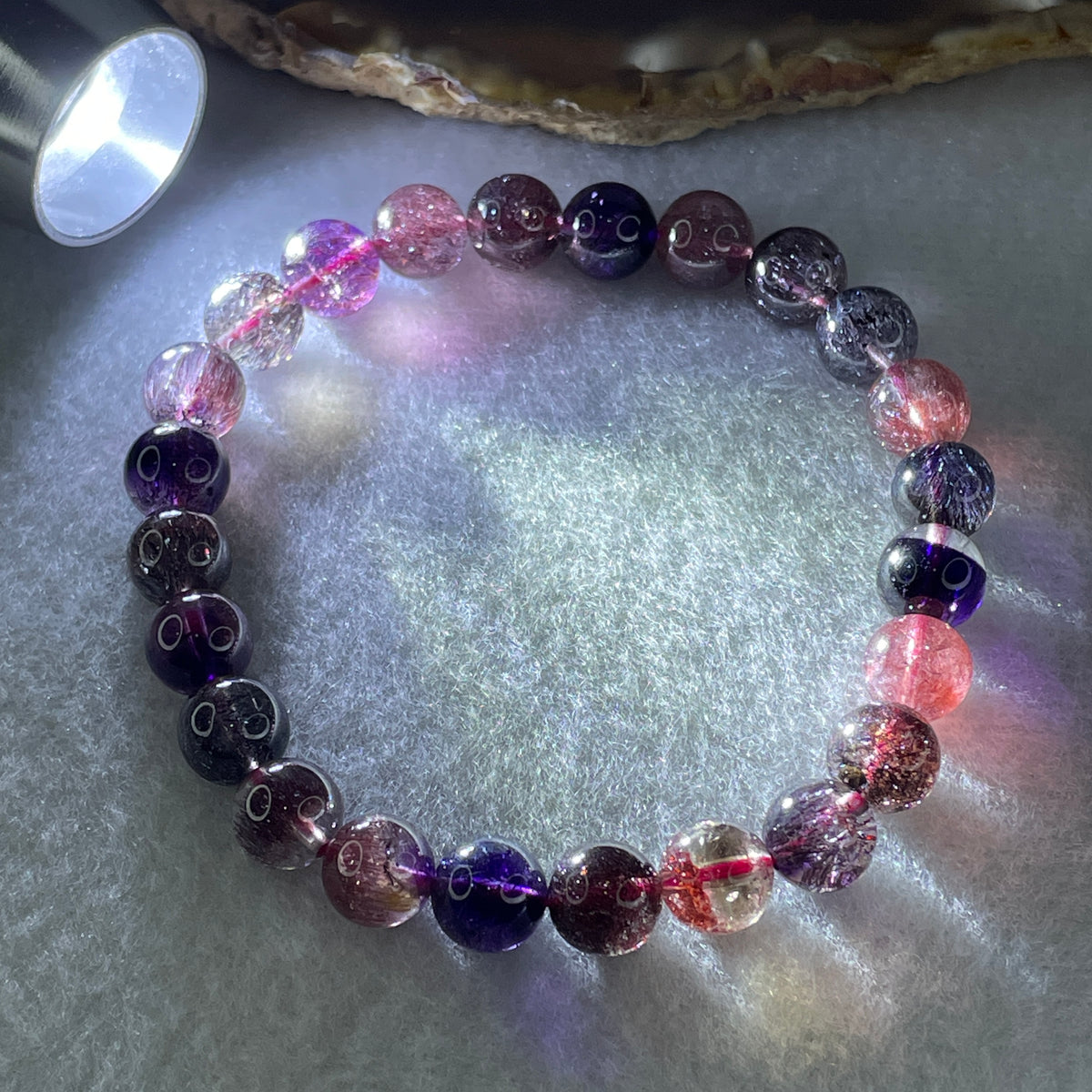 Very Very Good Grade Certified Natural Blackcurrant Super 7 Beads Bracelet | (17.56g | 16cm | 8.2mm x 24 Beads | "Seven Sacred Minerals" Intuition & Abundance Anchor, Feng Shui High-Vibration Power Bracelet) - Huangs Jadeite and Jewelry Pte Ltd