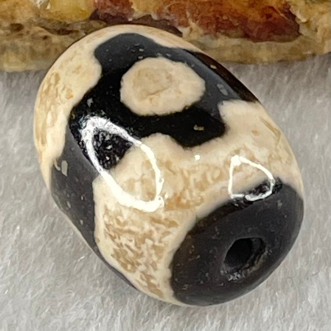 Natural Powerful Tibetan Old Oily Dark Brown With White Agate 3 Eyes Dzi Bead Heavenly Master (Tian Zhu) 三眼天诛 4.97g 17.8 by 13.4mm - Huangs Jadeite and Jewelry Pte Ltd