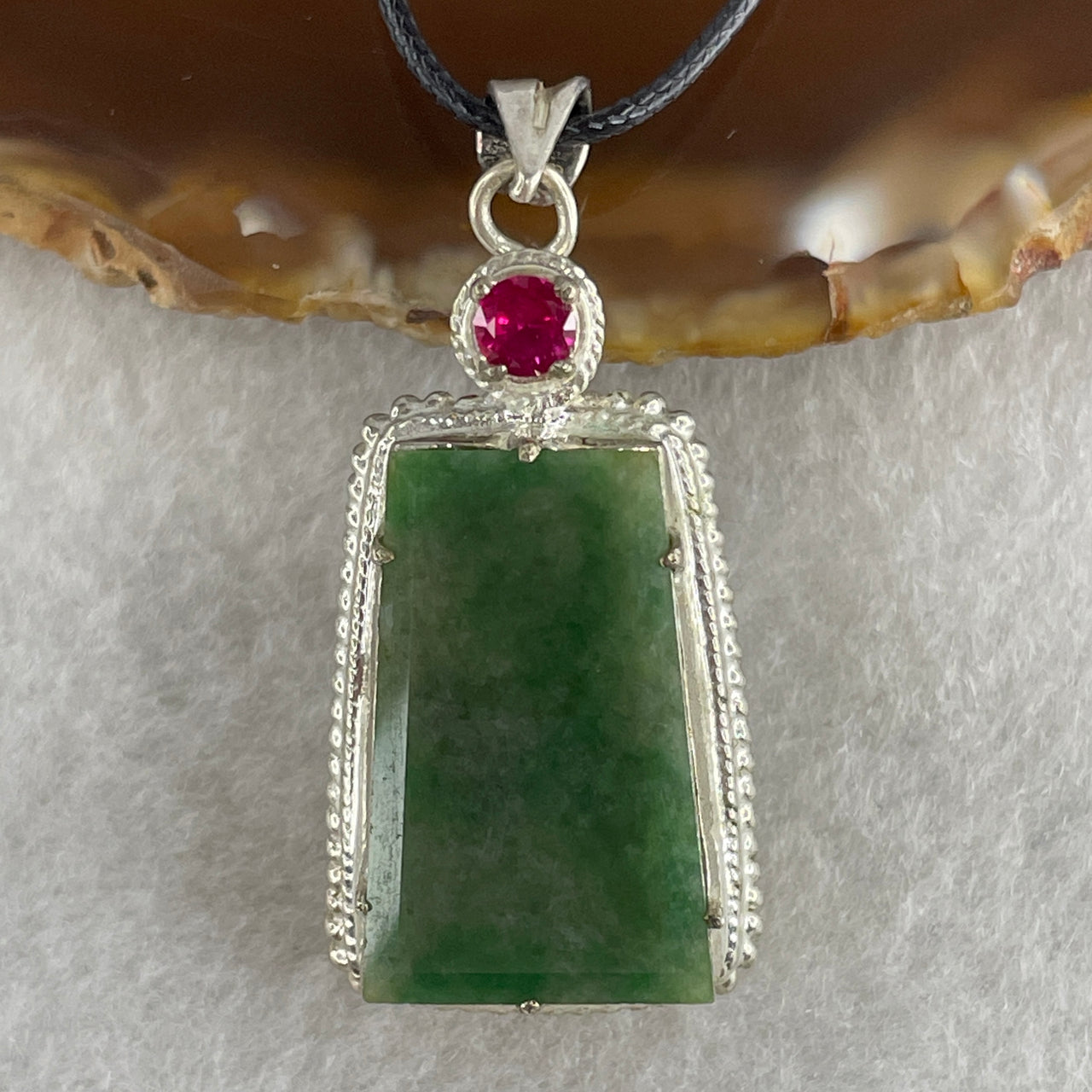 Certified Type A Green Jadeite Wu Shi Pai Pendant with Cubic Zirconia in S925 Sliver 12.46g 24.3 by 5.8 by 1.5mm