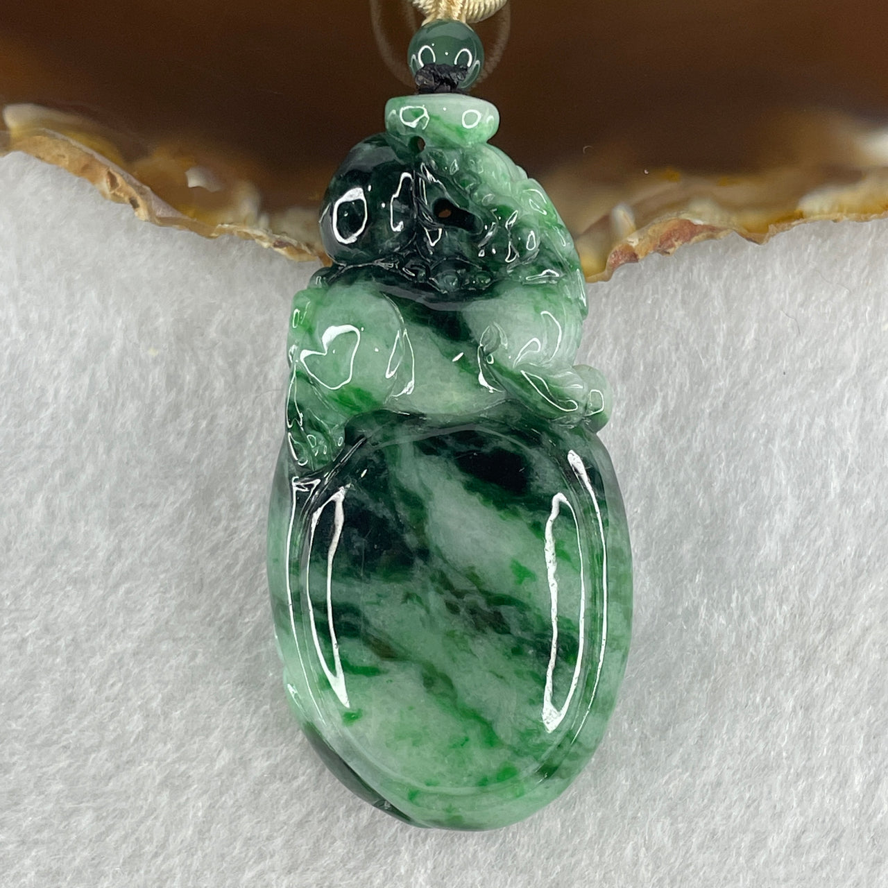 Certified Natural Type A Light Green with Dark Green and Old Mine Spicy Green Pattern Jadeite Pixiu on Money Bag Pendant 46.46g 57.2 by 29.1 by 14.1mm