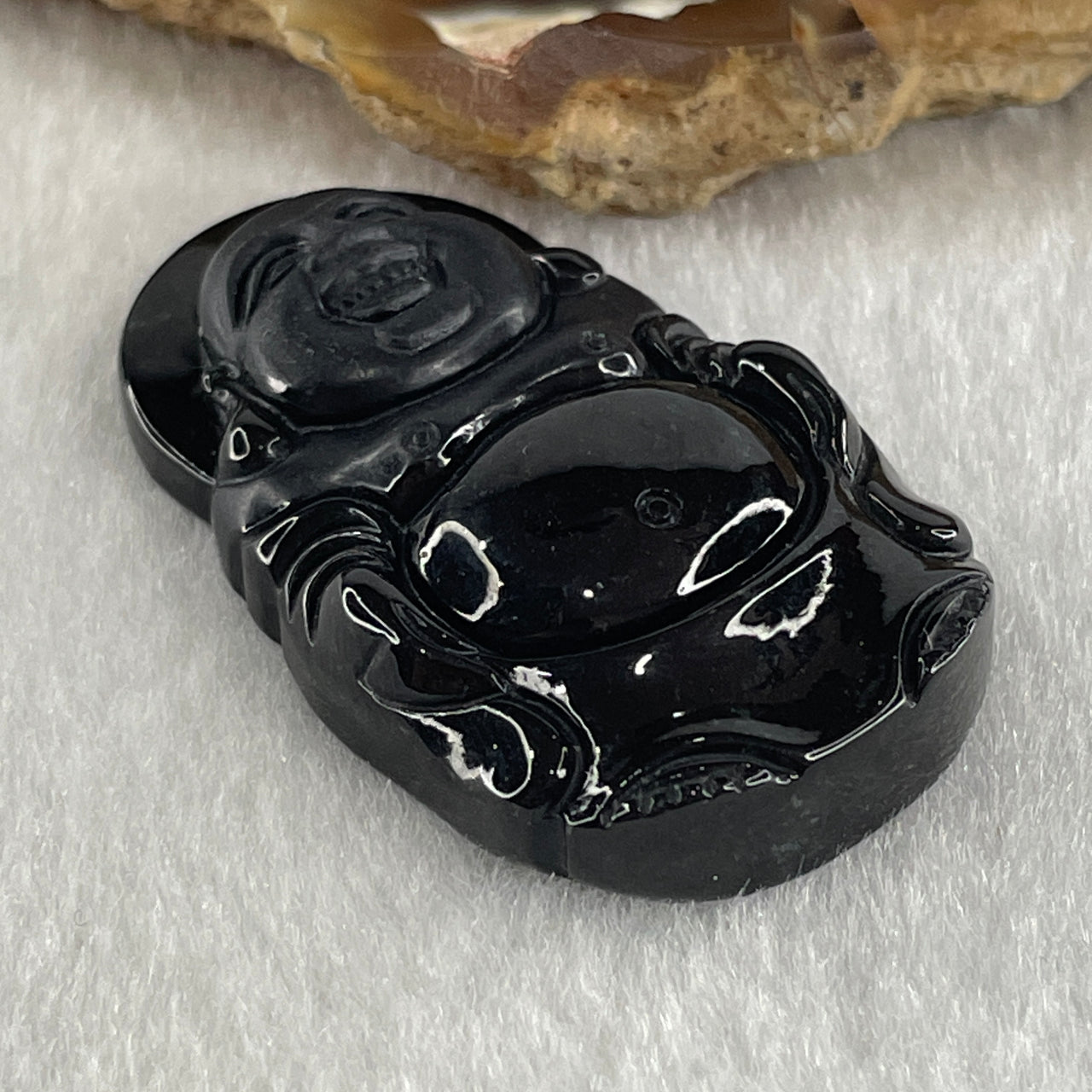 Type A Opaque to Partial Translucent Black Omphacite Jadeite Milo Buddha Pendant 17.08g 40.5 by 24.8 by 9.2mm - Huangs Jadeite and Jewelry Pte Ltd