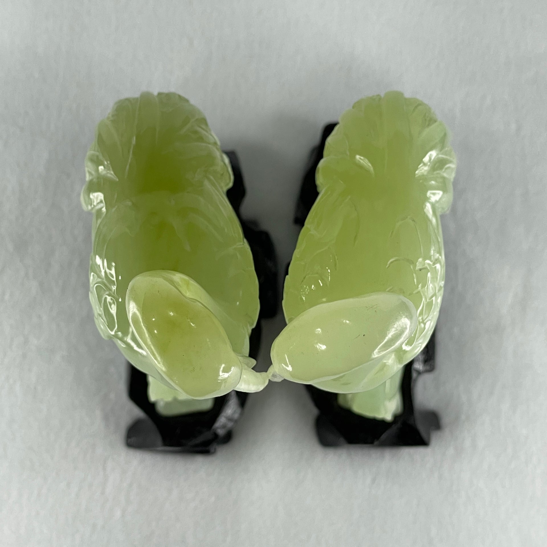 Natural Light Green Serpentine Pair of Cranes Bird with Wooden Stand Display 1,231.1g Each about 135.0 by 60.0 by 240.0mm - Huangs Jadeite and Jewelry Pte Ltd