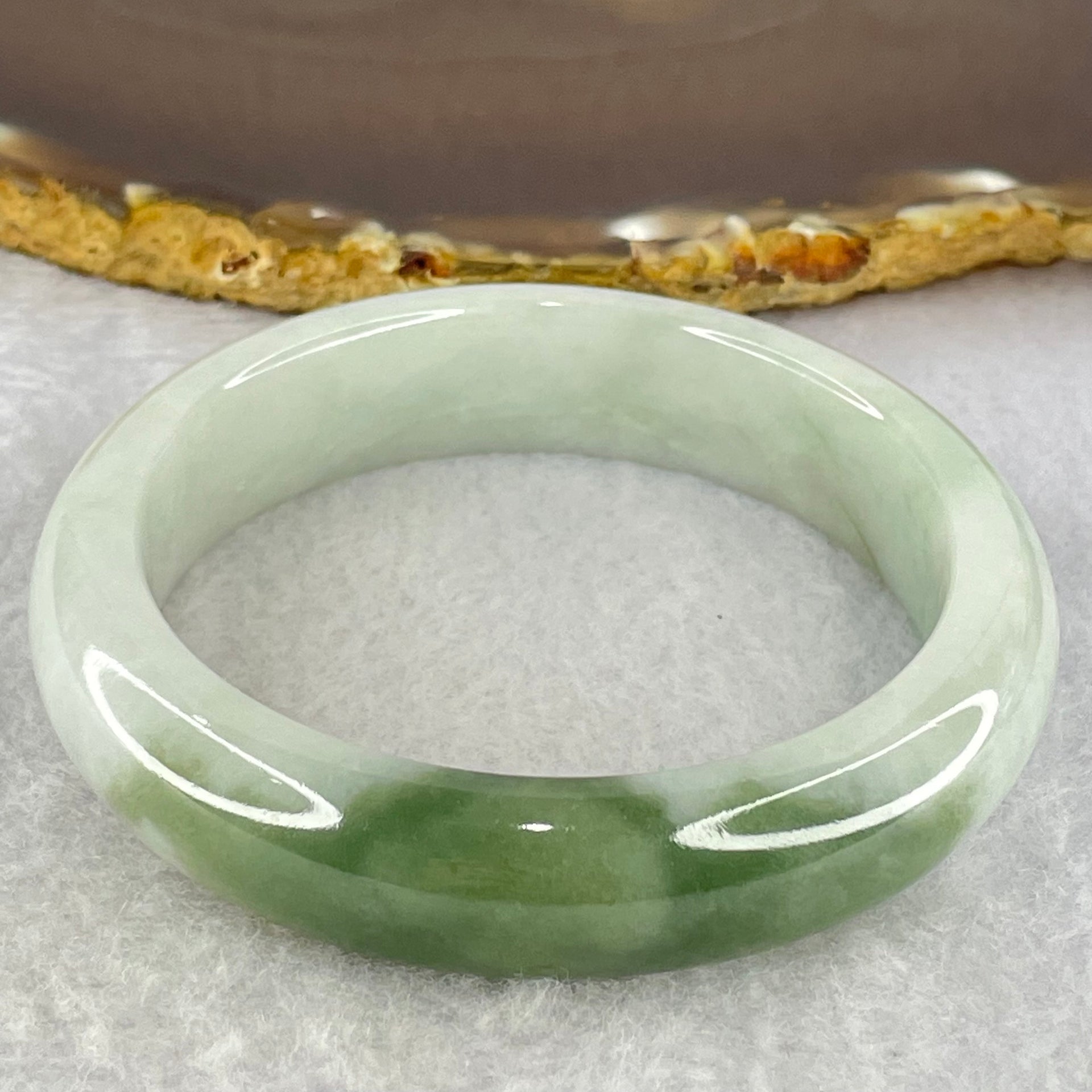 Type A Faint Lavender Green with Moss Green Patches Jadeite Bangle Internal Diameter 56.8mm 67.33g 14.8 by 8.8mm (Internal Lines) - Huangs Jadeite and Jewelry Pte Ltd