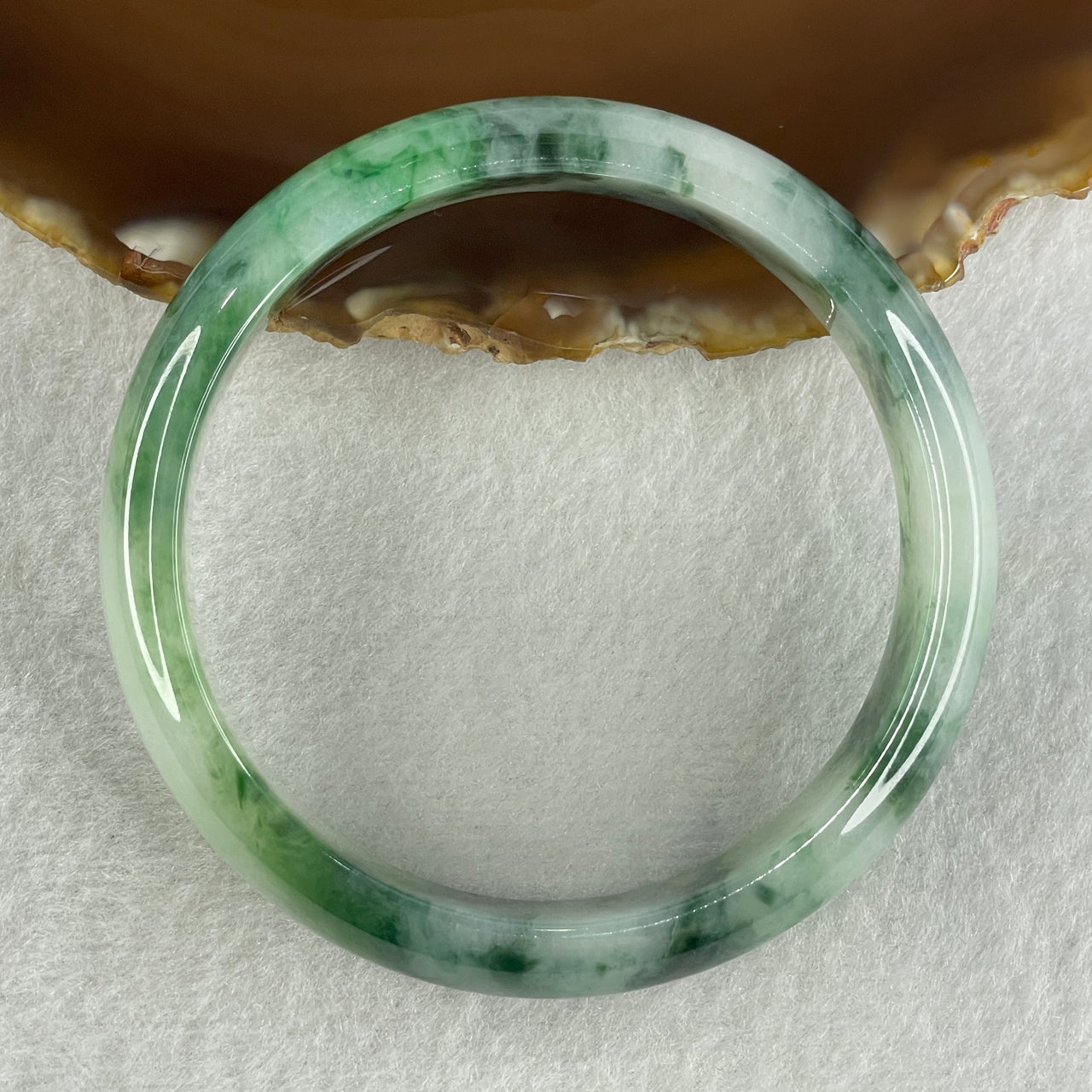 Certified Type A Natural Green with Emerald Green and White Spot Jadeite Bangle 52.78g Inner Diameter 57.7mm 14.0 by 8.9mm (Very Very Slight Internal Line and Sight External Rough)