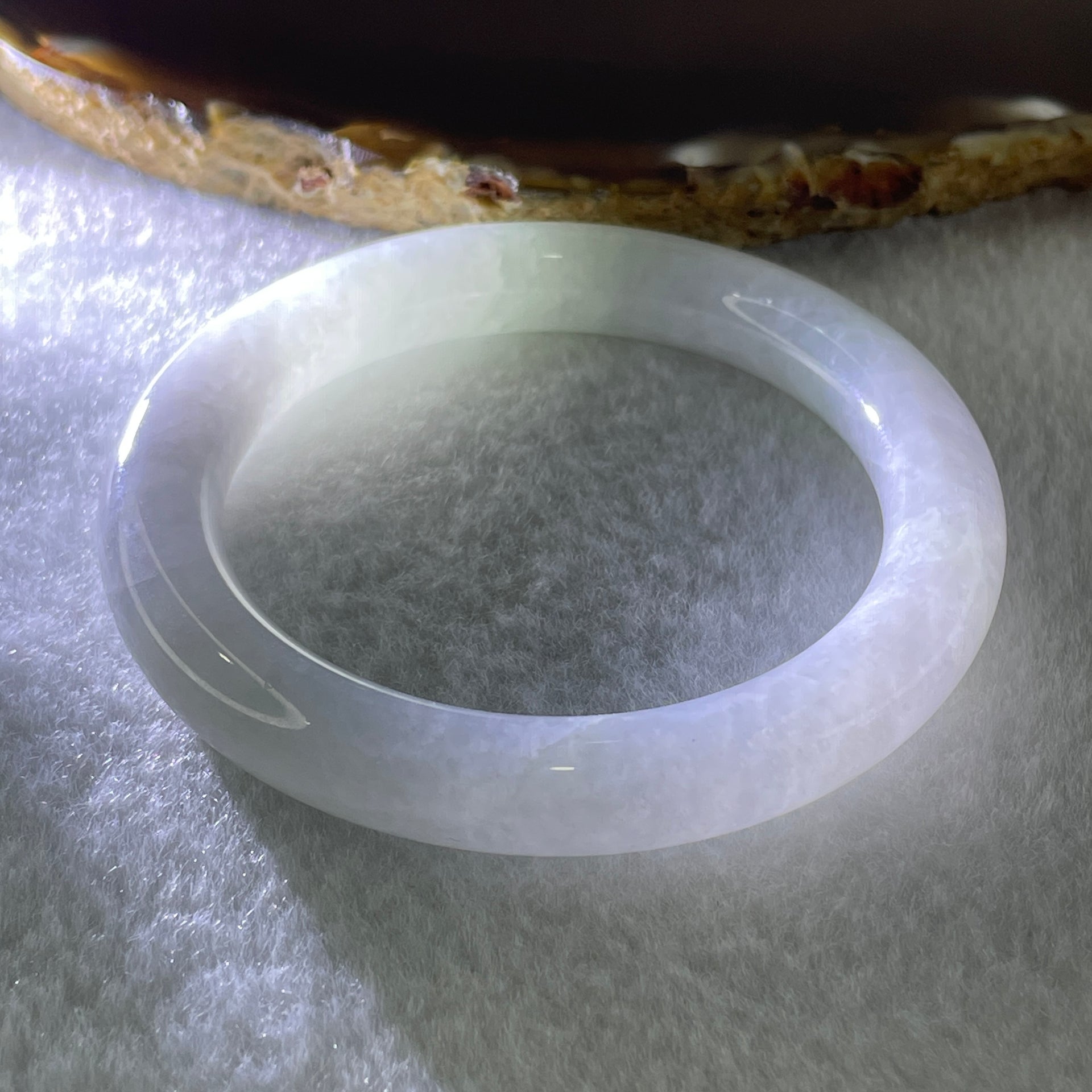 Type A Natural Jelly White to Faint Lavender Faint Green Jadeite Bangle 42.59g Inner Diameter 50.6mm 9.4 by 9.2mm (Slight Internal Lines) - Huangs Jadeite and Jewelry Pte Ltd