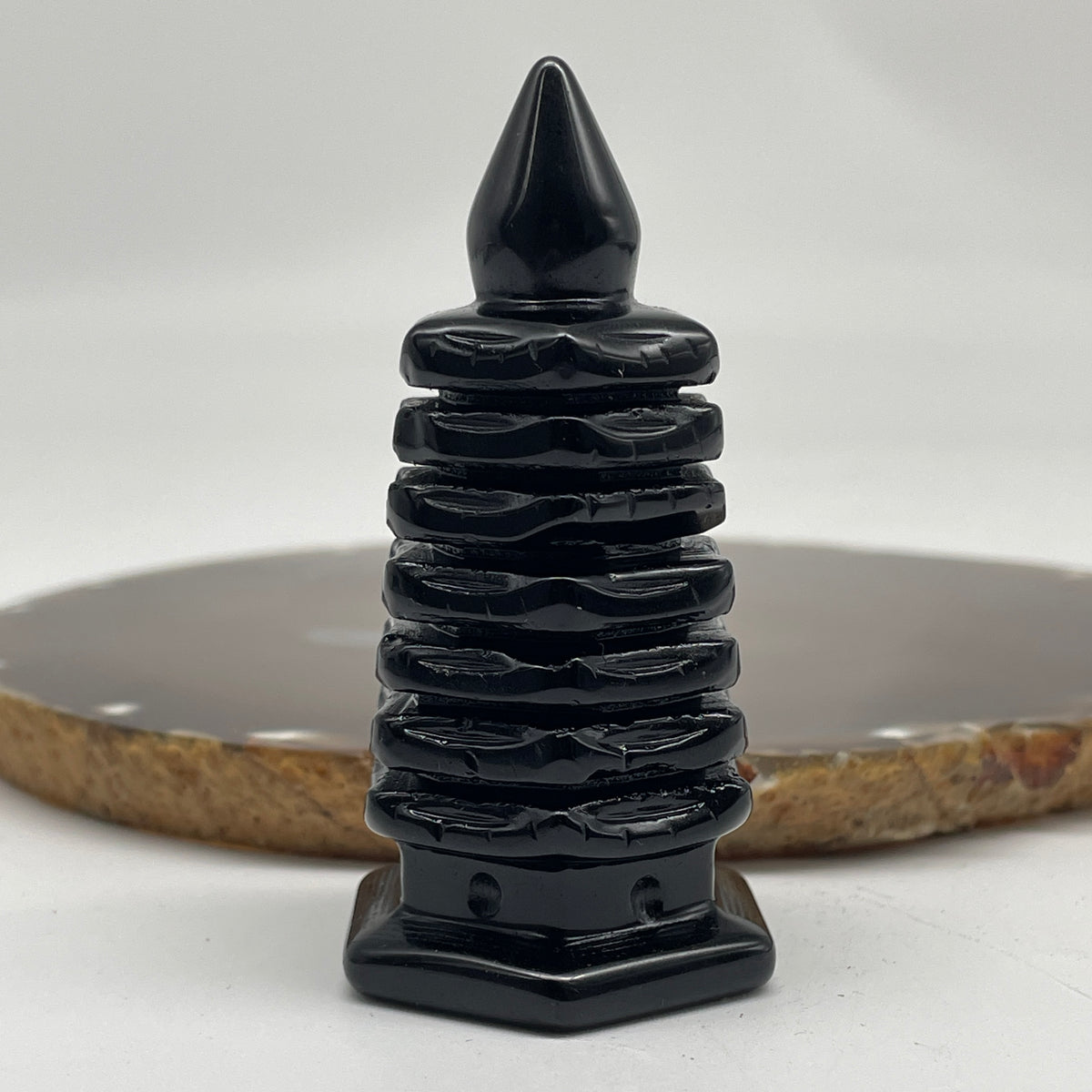 Natural Black Obsidian Pagoda Display | (82.71g | 38.5 x 34.5 x 73.5mm | Catalyst, "Wen Chang" Academic Excellence & Career Promotion Anchor, Traditional Spatial Shielding Specimen)