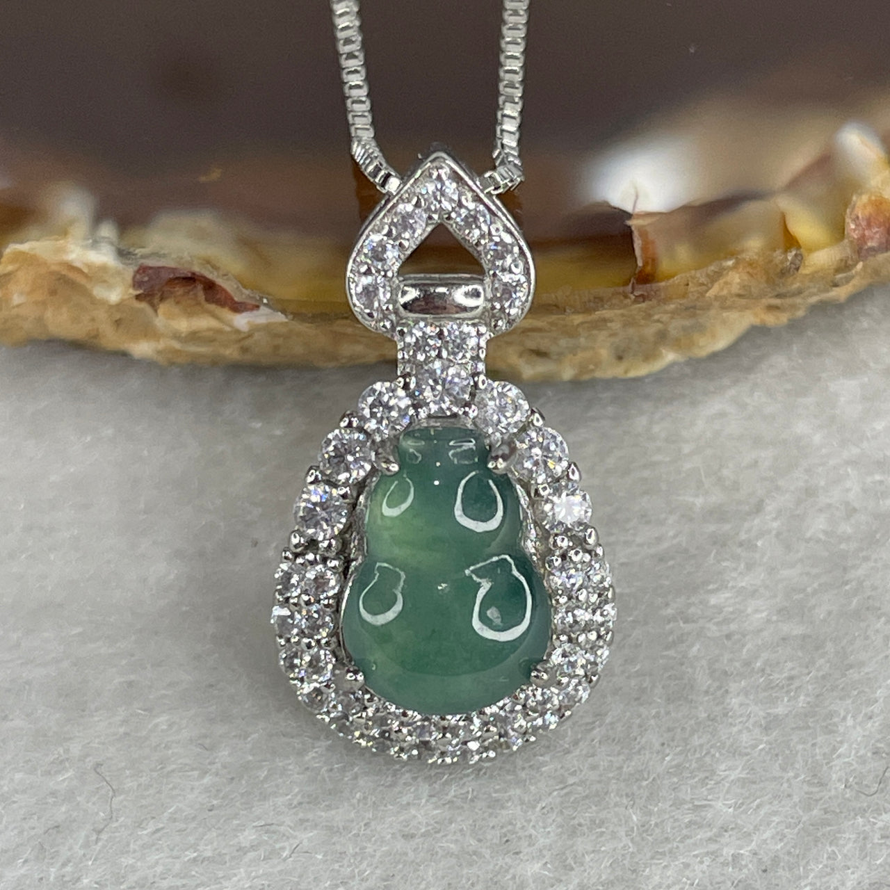 Certified Natural Type A Icy Blueish-Green Jadeite Hulu Pendant | Solid S925 Sterling Silver Bail | 44cm Adjustable Stainless Steel Necklace | 10.6x8.2x2.5mm "Sacred Calabash" Prosperity & Lifeforce Amulet (3.16g)