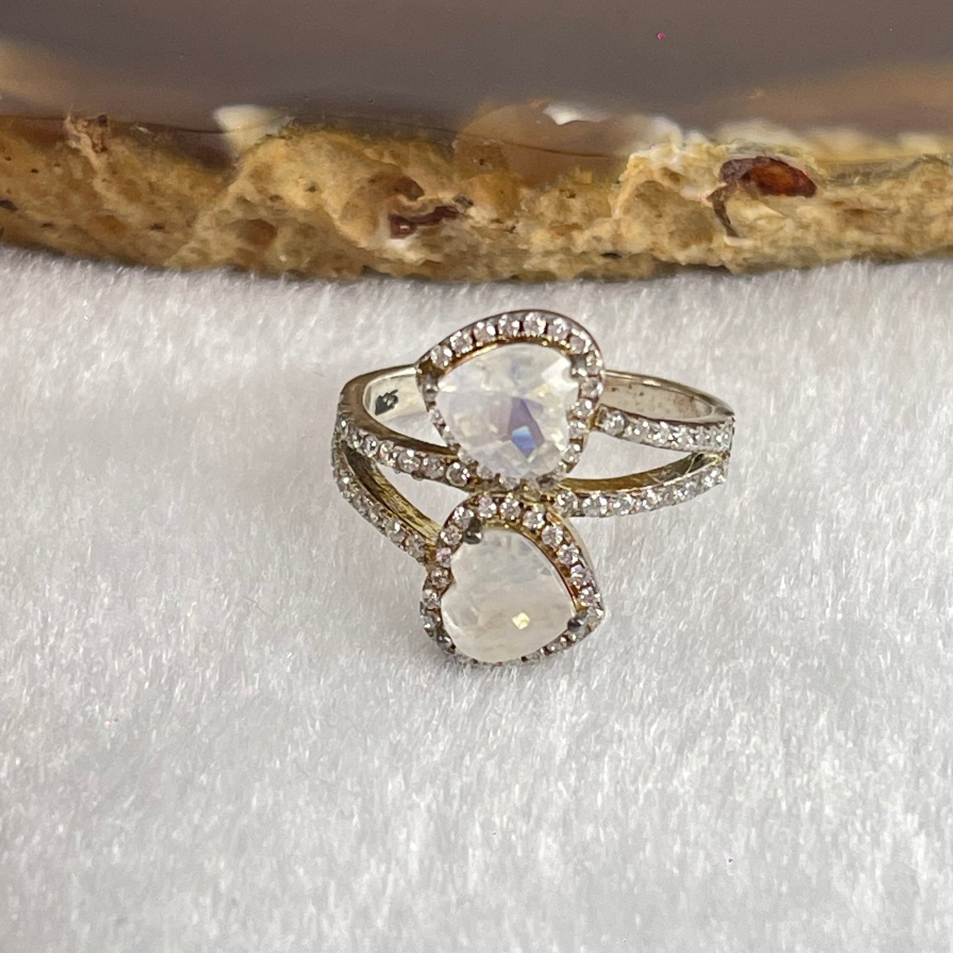 Natural Rainbow Moonstone with Crystals In S925 Sliver Ring (Adjustable Size) 3.10g 6.0 by 5.5 by 3.2mm - Huangs Jadeite and Jewelry Pte Ltd
