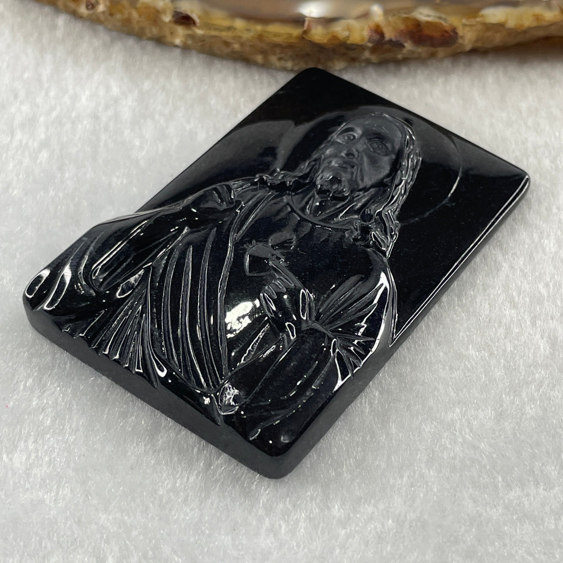 Type A Opaque Black Omphacite Jadeite Jesus Christ Pendant 40.65g 58.6 by 39.3 by 8.2mm - Huangs Jadeite and Jewelry Pte Ltd