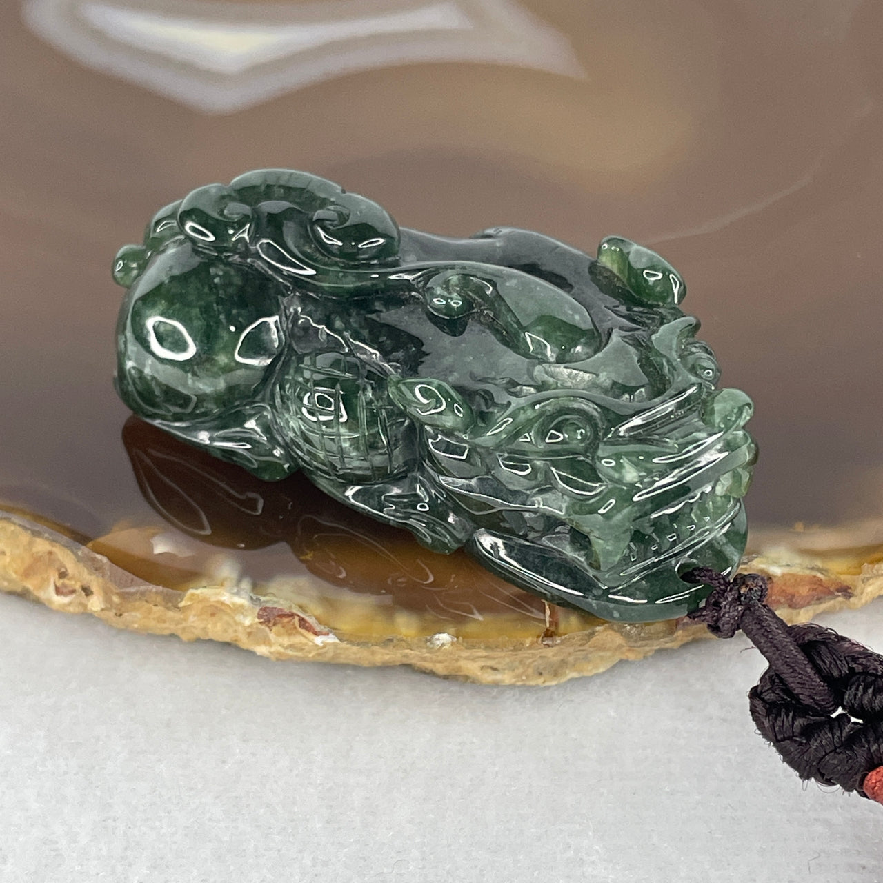 Natural Type A Old Mine Dark Blueish Green Jadeite Pixiu Pendant | Certified Untreated Fei Cui Gemstone Carving (39.24g | 48.2mm x 25.0mm x 15.3mm)