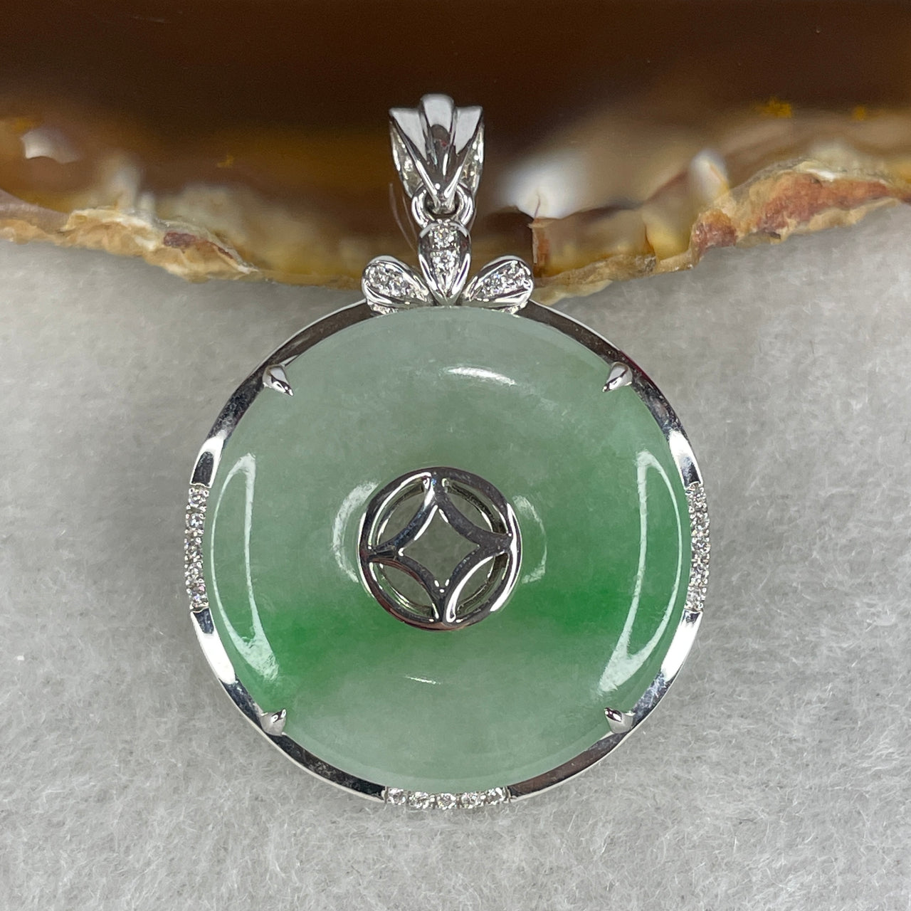 Natural Type A Jadeite Ping An Kou Pendant with Diamonds in 18K White Gold | 24.1x3.0mm Light Green with Vibrant Emerald Green Patch | High-Luxury Floating Flower Donut Heirloom (7.54g)