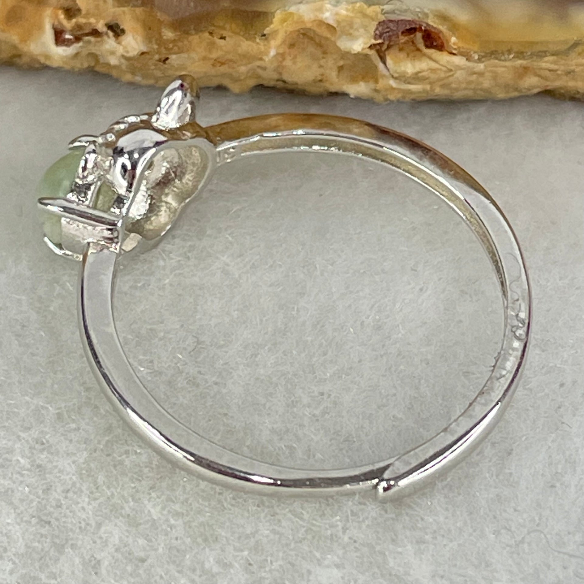 Type A Semi Icy Green Cabochon Jadeite in S925 Sliver Rat Ring (Adjustable Size) 1.54g 4.9 by 3.0mm - Huangs Jadeite and Jewelry Pte Ltd