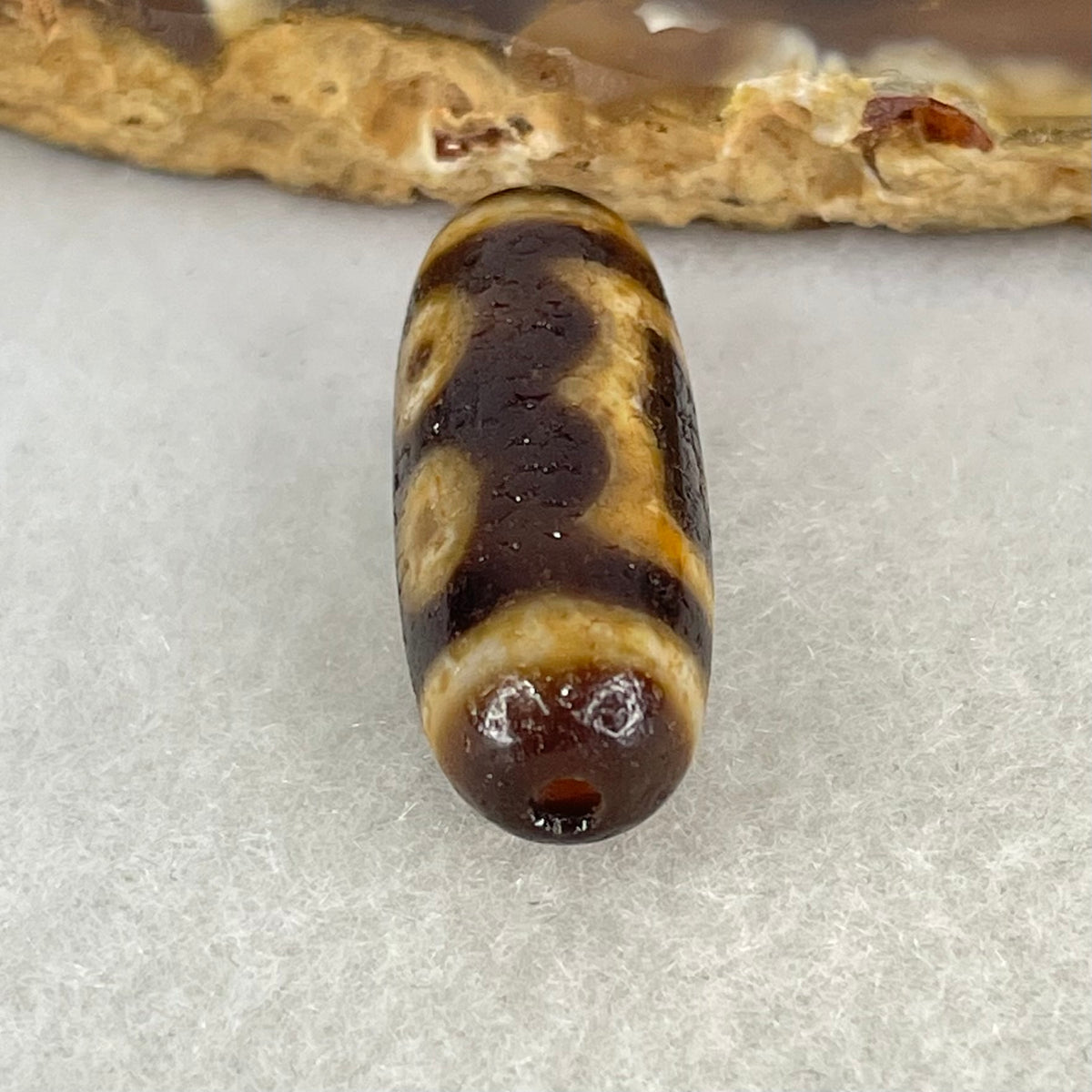 Aged Natural Powerful Tibetan Old Oily Agate 3 Eyes Dzi Bead Heavenly Master (Tian Zhu) 三眼天诛 5.09g 28.4 by 10.7mm - Huangs Jadeite and Jewelry Pte Ltd