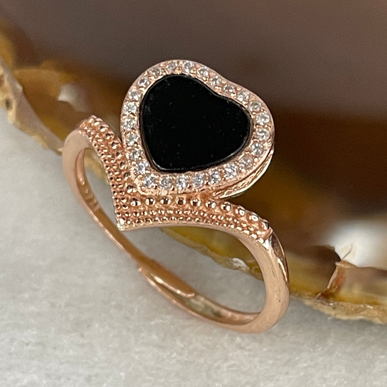 Type A Fully Translucent Black Omphacite Jadeite Heart Ring | Gold Color S925 Silver | Adjustable Sizing | "Sovereign Love" Ink-to-Emerald Statement Ring (1.91g 7.5x8.8x1.5mm)