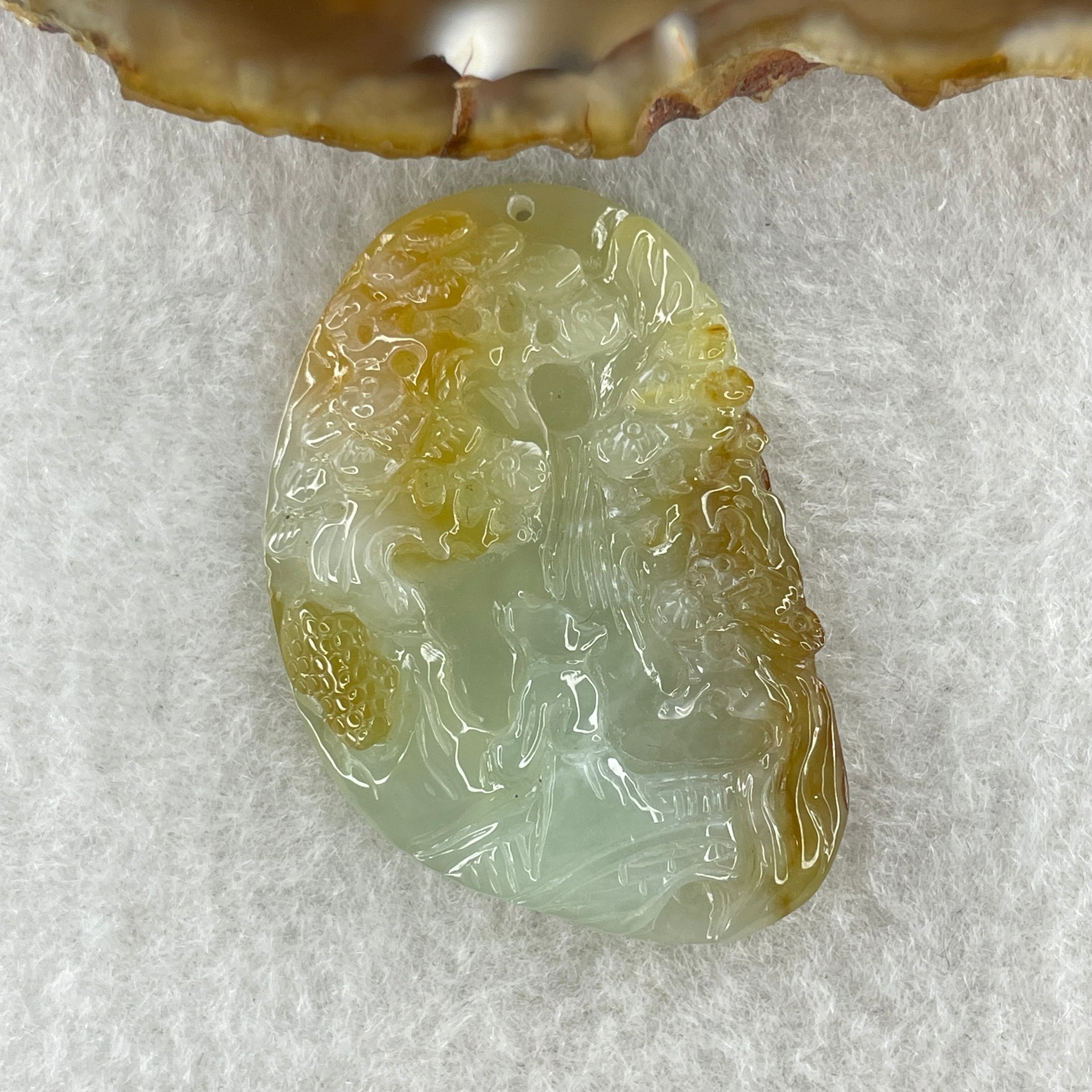 Type A Natural Semi Icy Light Green with Yellow Patches Jadeite Shan Shui Gui Ren Benefactor Pendant 9.79g 38.2 by 25.6 by 6.0mm - Huangs Jadeite and Jewelry Pte Ltd