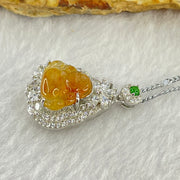 Type A Yellow Jadeite Milo Buddha 11.9 by 12.6 by 3.5mm Pendent with Crystals in S925 Sliver Necklace 5.41g - Huangs Jadeite and Jewelry Pte Ltd