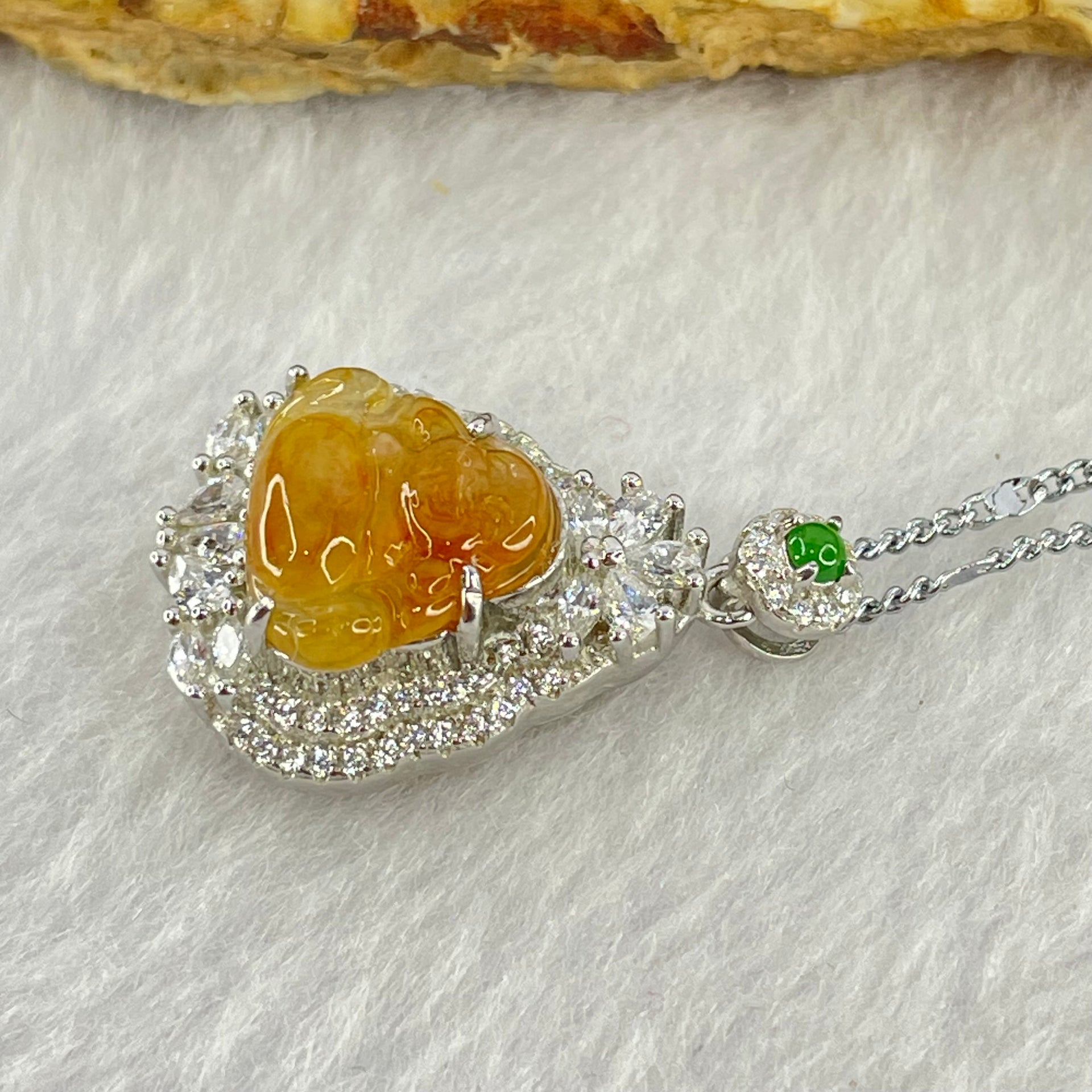 Type A Yellow Jadeite Milo Buddha 11.9 by 12.6 by 3.5mm Pendent with Crystals in S925 Sliver Necklace 5.41g - Huangs Jadeite and Jewelry Pte Ltd