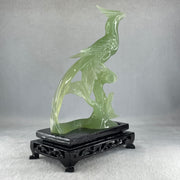 Natural Green Serpentine Phoenix Birds on Tree with Wooden Stand Display 366.6g 139.0 by 198.0 by 75.0mm - Huangs Jadeite and Jewelry Pte Ltd