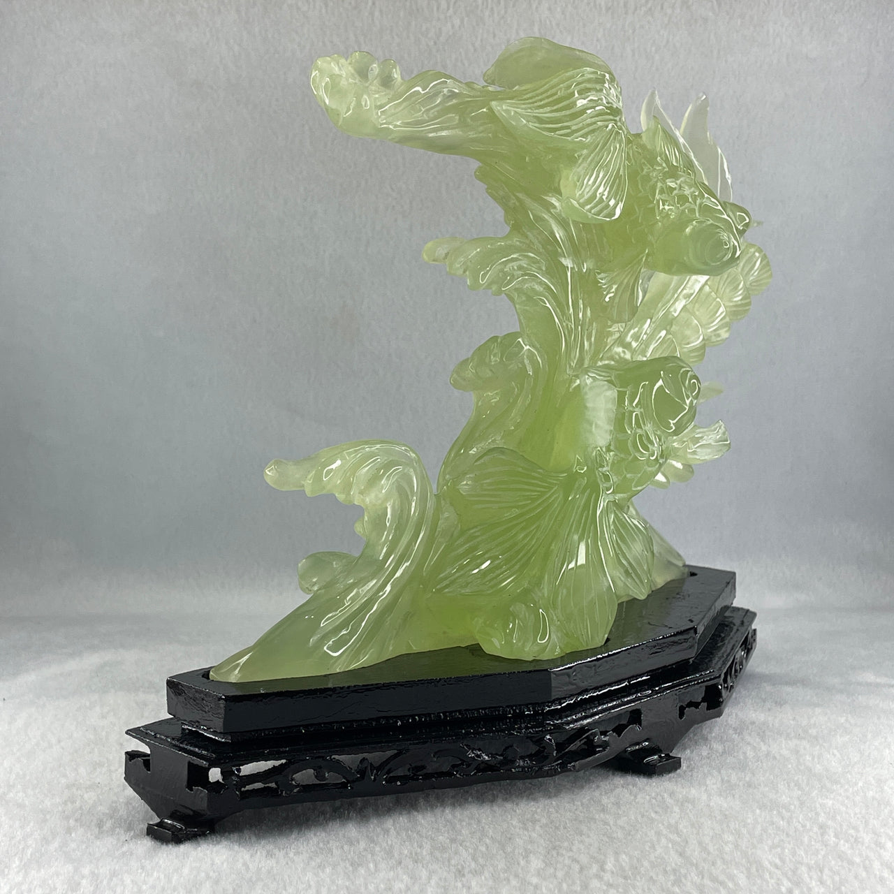 Natural Green Serpentine Twin Telescope Goldfish on Leaf with Wooden Stand Display 832.9g H213.0 by B89.0 by H180.0mm