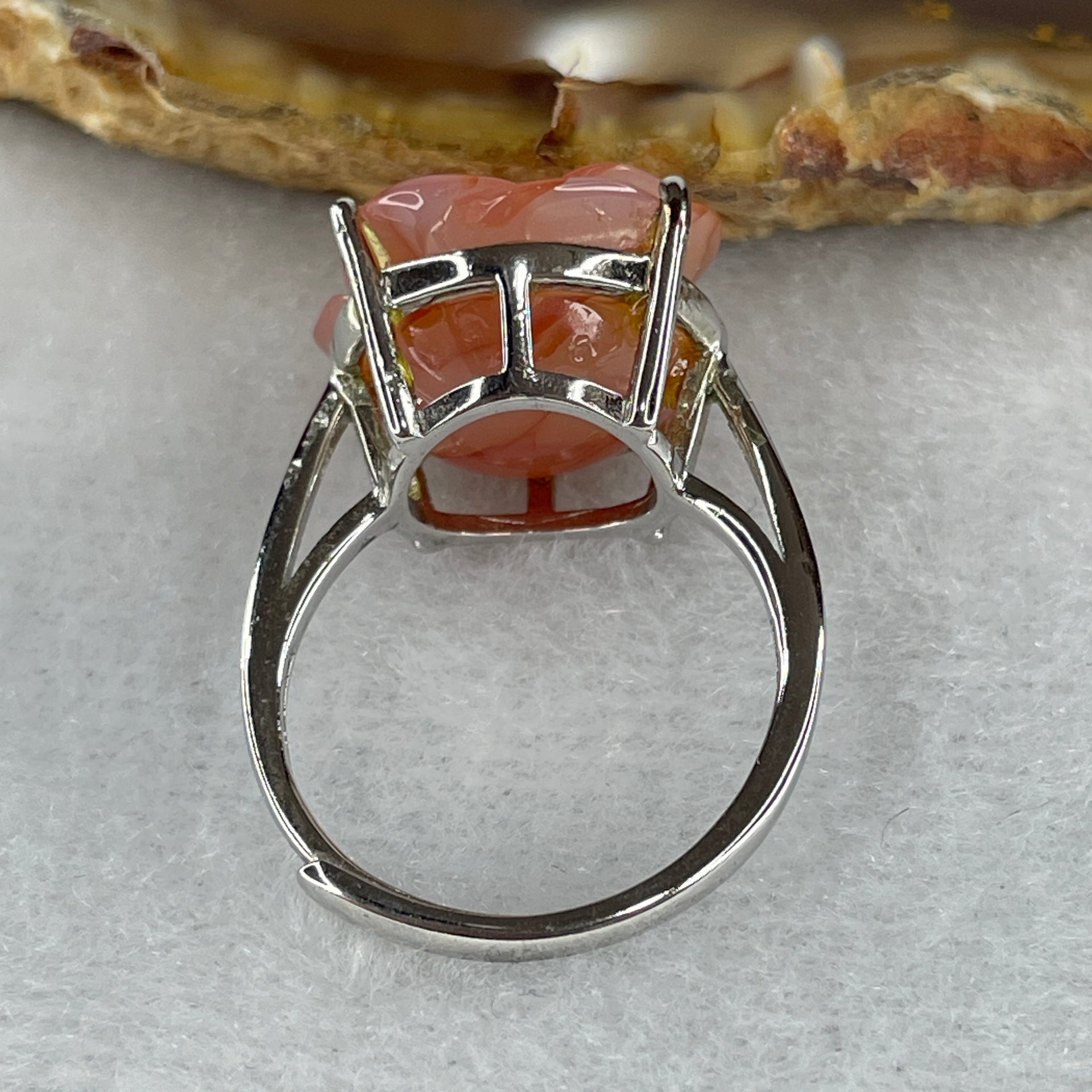 Natural Pink Agate Flower Ring in S925 Sliver 4.98g 16.7 by 15.4 by 8.5mm (Adjustable Size) - Huangs Jadeite and Jewelry Pte Ltd