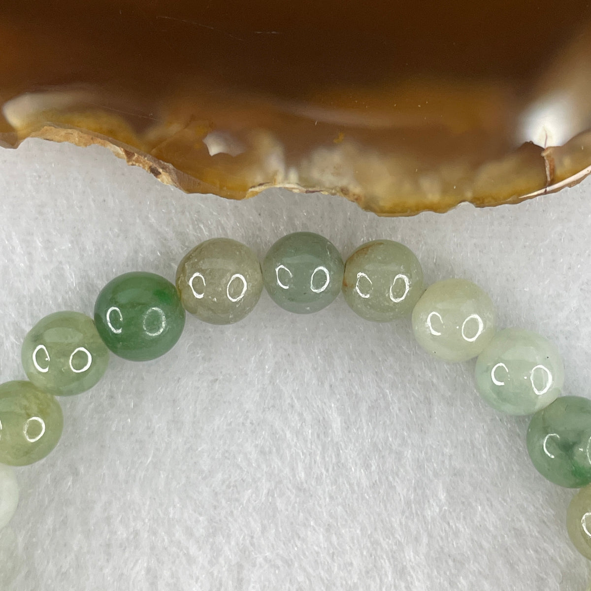 Natural Type A Green with Brownish Green Jadeite Bead Bracelet | Untreated Bi-Color Fei Cui Stretch Bracelet (17.59g | 16cm Wrist | 7.6mm | 27 Beads)