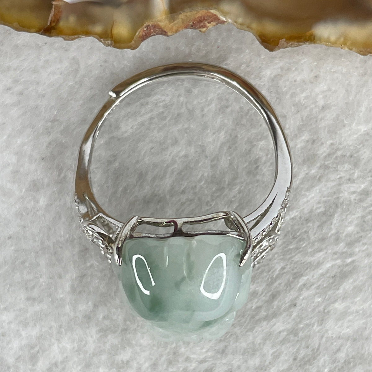 Type A White Jadeite Ring | Ethereal Floating Blueish-Green Flora (Piao Hua) | Master Hand-Carved Prosperity Pixiu | Solid S925 Sterling Silver Setting | Smart Adjustable Sizing (4.77g 18.5x12.7x6.5mm) - Huangs Jadeite and Jewelry Pte Ltd