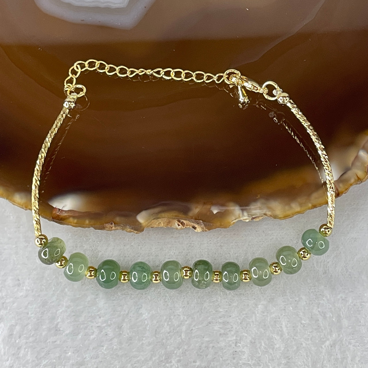 Natural Type A Semi-Icy Blueish Green Jadeite Donut Bracelet | Gold Color 10-Bead Adjustable Safety Coin Charm Bracelet (5.82g 13-17cm 6.5mm)