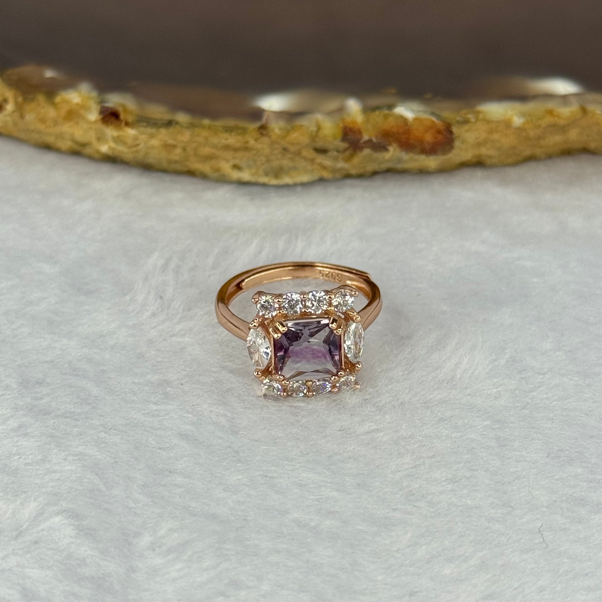 Natural Fluorite in 925 Sliver Rose Gold Color Ring (Adjustable Size) 2.22g 7.1 by 7.1 by 3.7mm - Huangs Jadeite and Jewelry Pte Ltd