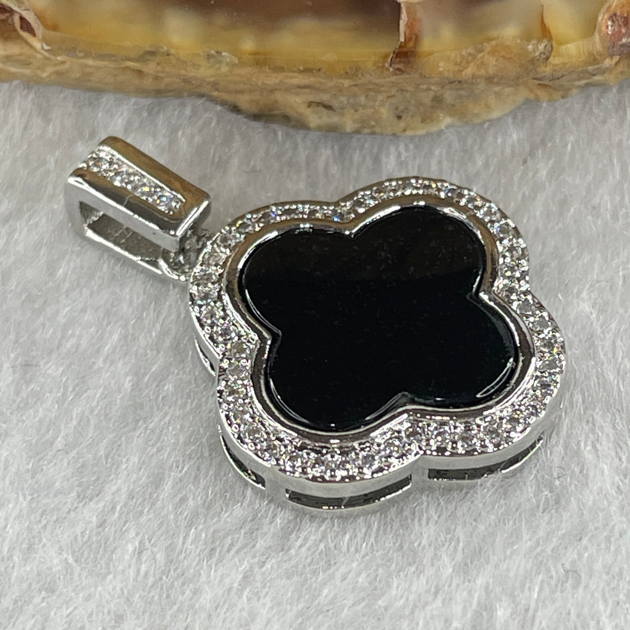 Certified Natural Type A Translucent Black Omphacite Jadeite Four Leaf Clover in Silver Pendant 2.472g 12.5 by 1.5mm