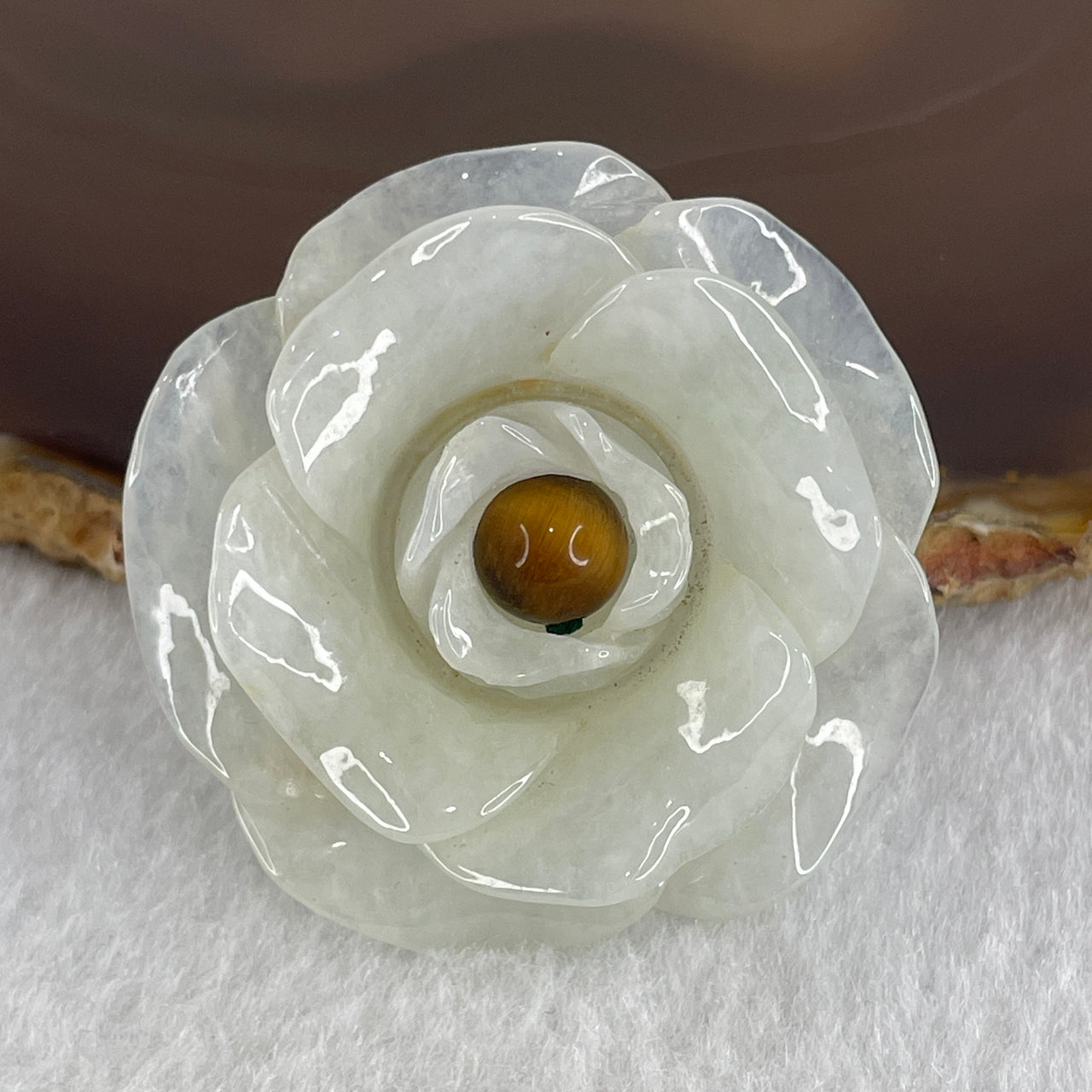 Natural Type A Faint Green to Colorless Jadeite with Tiger Eye Beads Flower Pendant 24.92g 43.6 by 12.2mm - Huangs Jadeite and Jewelry Pte Ltd