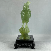 Natural Green Serpentine Javan Mynah Birds on Tree with Wooden Stand Display 418.9g 120.0 by 176.0 by 75.0mm - Huangs Jadeite and Jewelry Pte Ltd