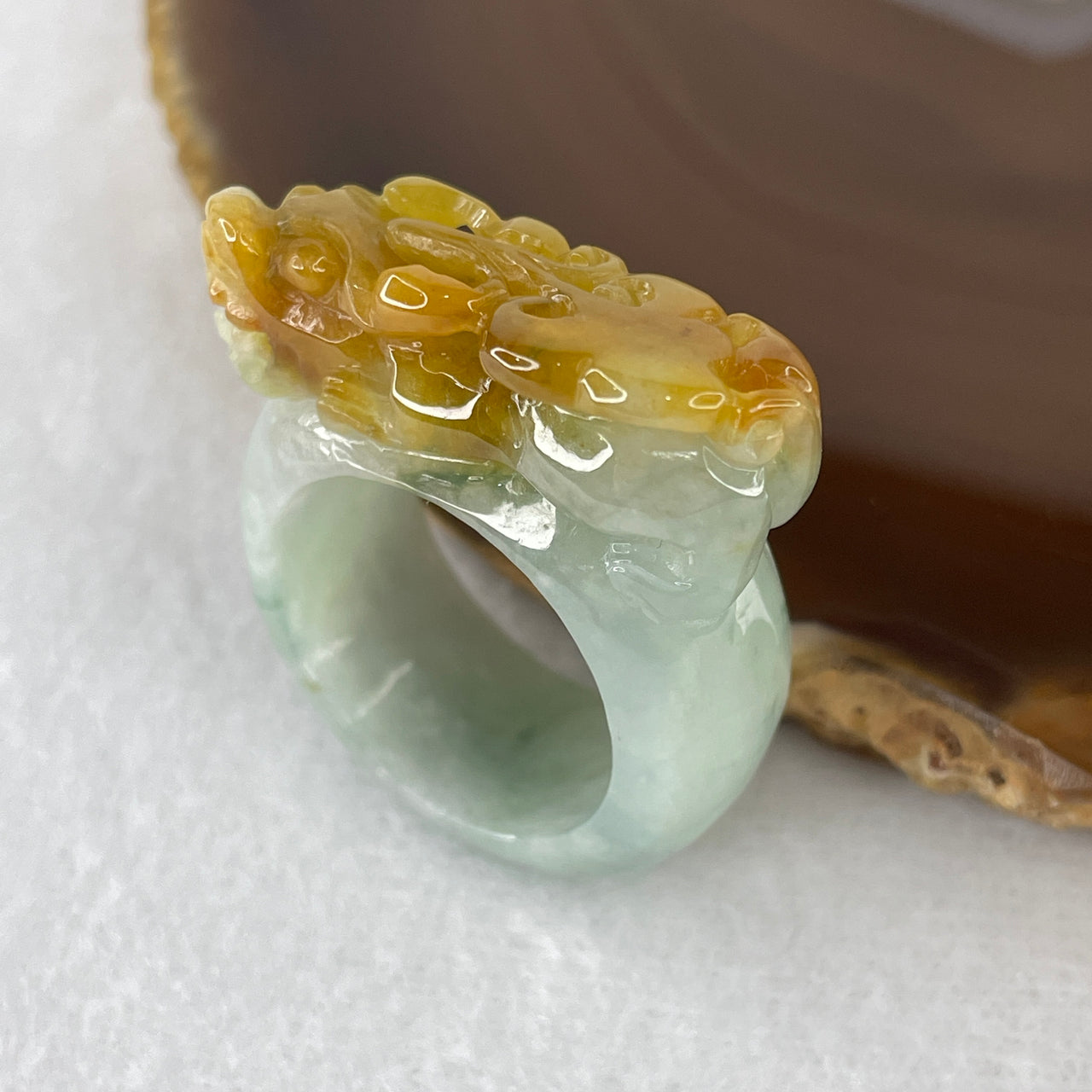 Certified Natural Type A Light Blueish-Green & Yellowish Jadeite Pixiu Ring | Masterpiece Solid Hand-Carved Myanmar Feicui | Supreme Wealth Manifestation & Sovereign Power Band (17.33g | US 11.3 / HK 25.5 | 30.1x14.0mm)