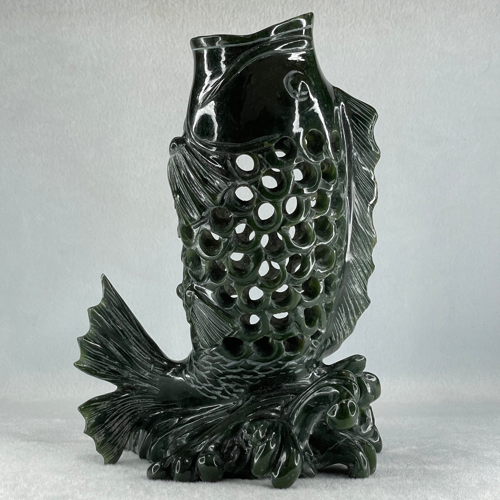 Natural Dark Green Serpentine Carp Fish with Wooden Stand Display 1,215.0g 160.0 by 120.0 by 230.0mm - Huangs Jadeite and Jewelry Pte Ltd