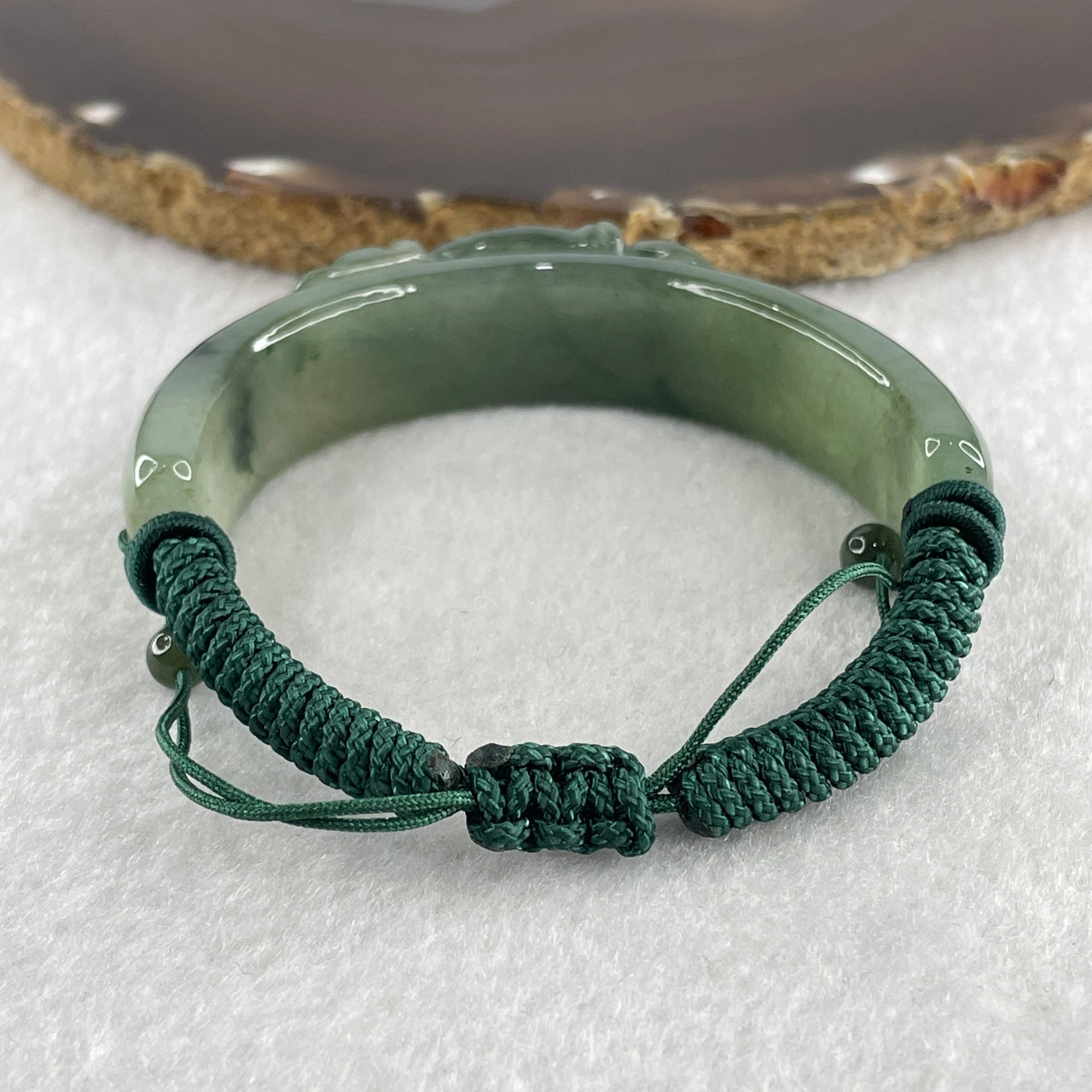 Natural Type A Jelly Green with Dark Green Piao Hua Jadeite Carp Fish with Coin Bracelet 37.48g 16cm 14.0 by 11.8mm - Huangs Jadeite and Jewelry Pte Ltd