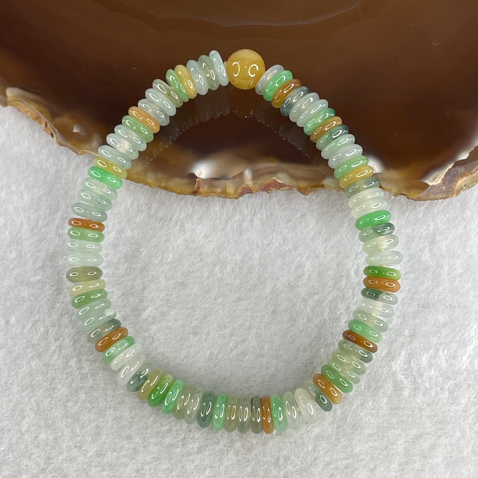 Natural Type A Muti Color Green with Yellow Blueish Green Colorless Jadeite Donut Beads Bracelet 19.89g 16cm 7.1mm 80 Pcs - Huangs Jadeite and Jewelry Pte Ltd